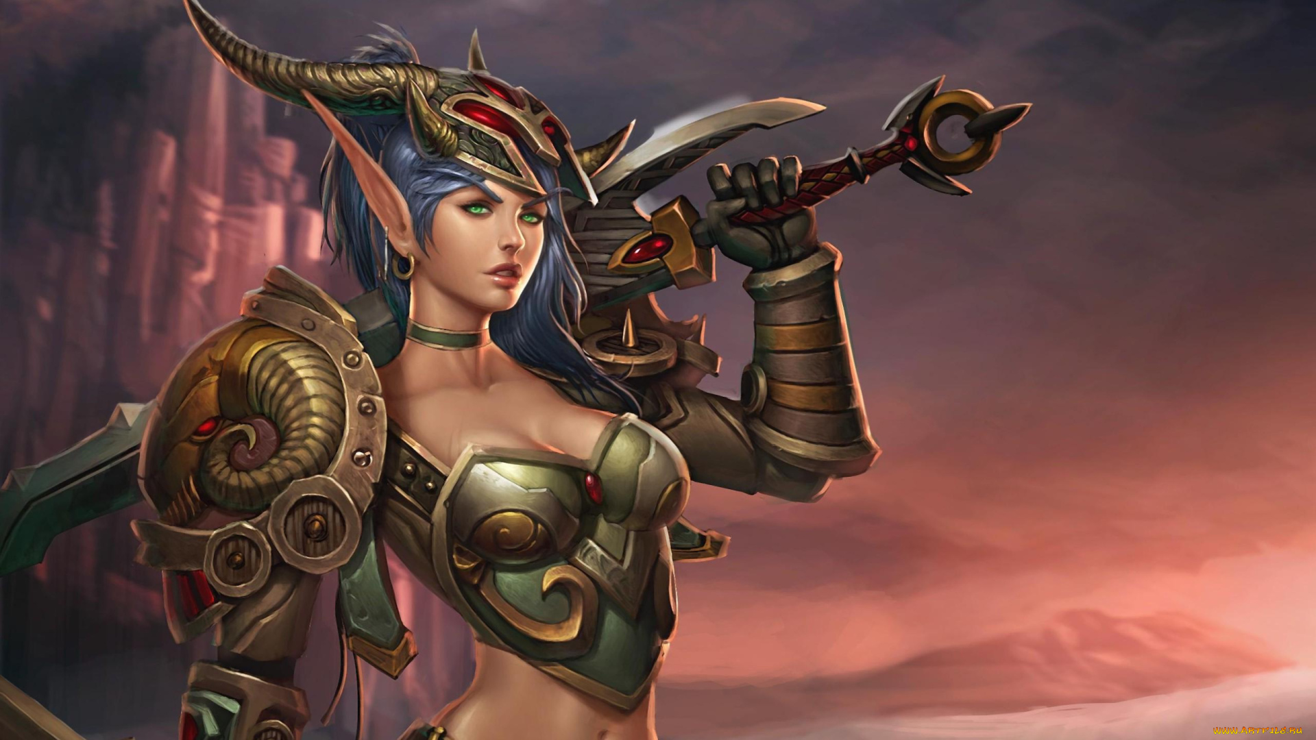 world, of, warcraft, видео, игры, эльфийка, фон, взгляд