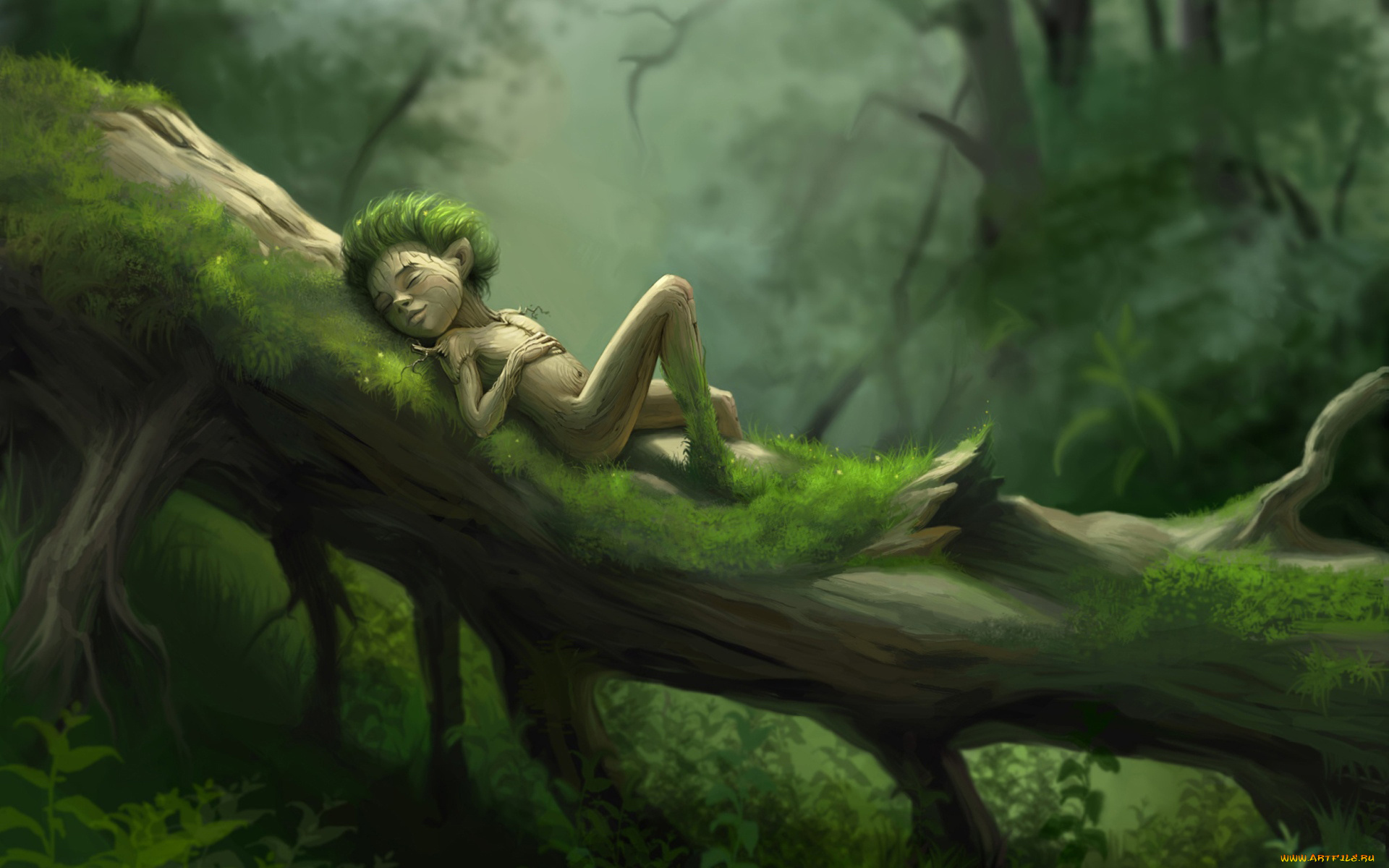 фэнтези, эльфы, бревно, спит, лес, леший, человечек, существо