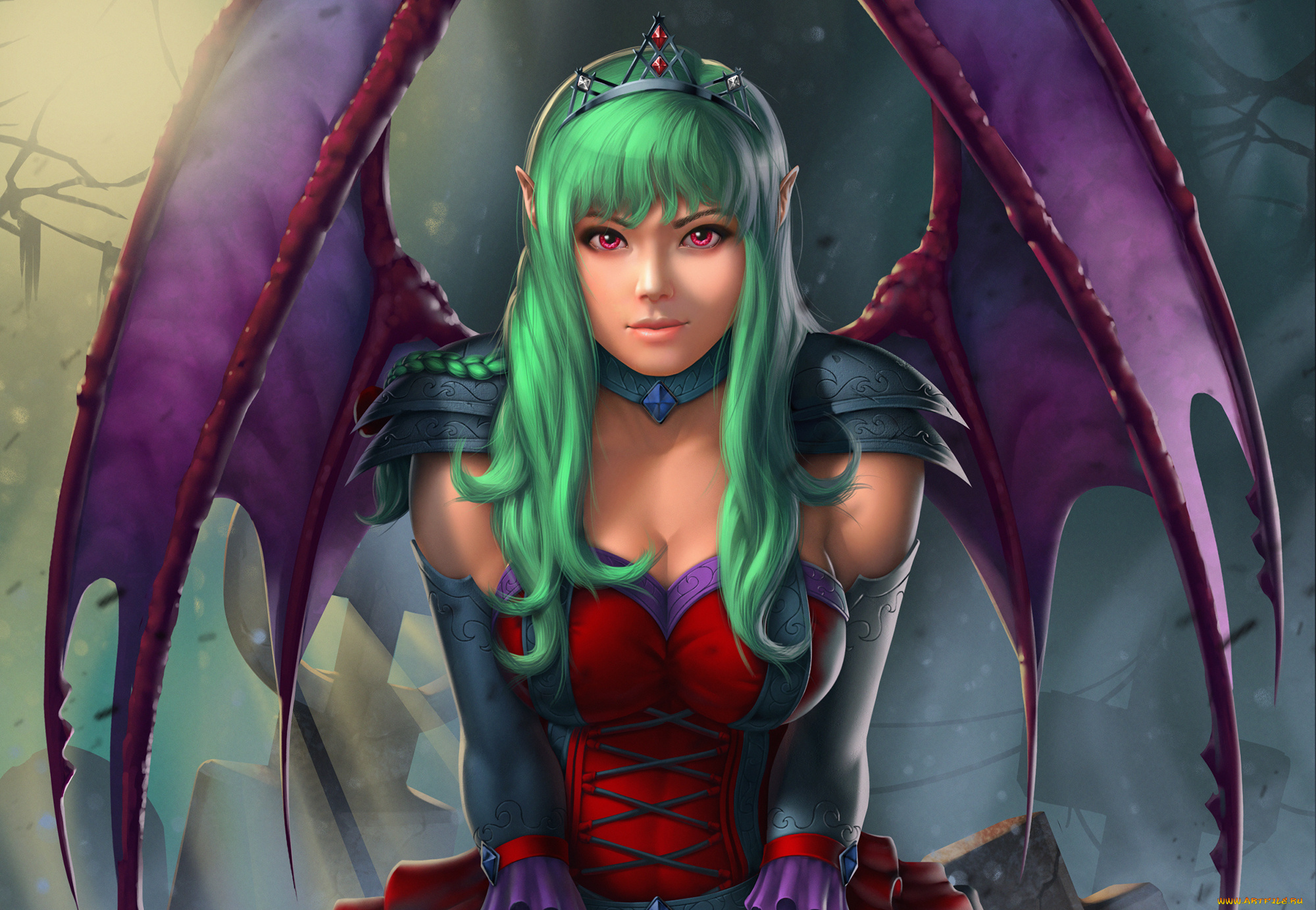 фэнтези, демоны, арт, вампирша, взгляд, зеленые, волосы, крылья