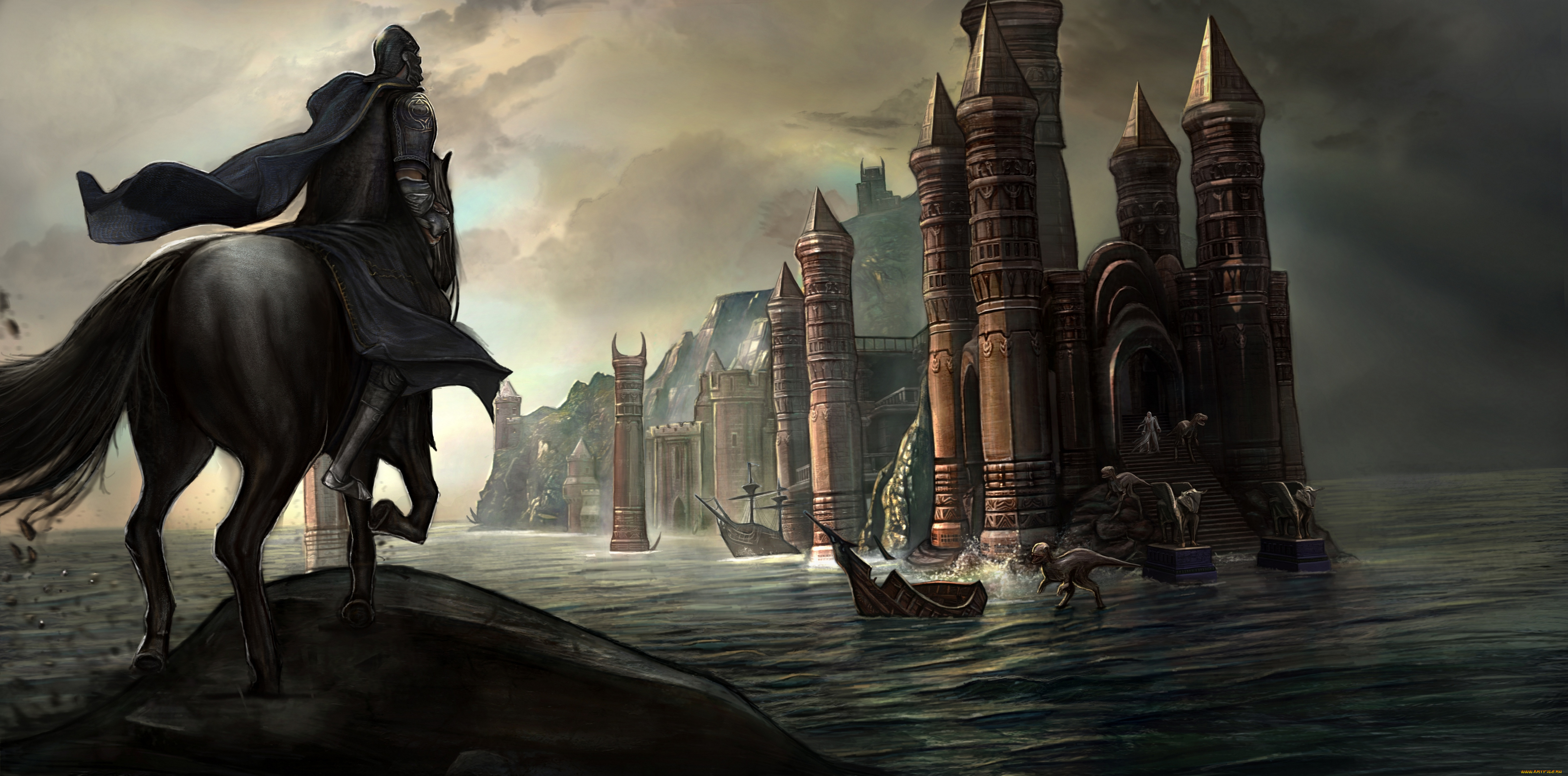 фэнтези, замки, замок, доспехи, рыцарь, мир, иной, всадник, существа, динозавры