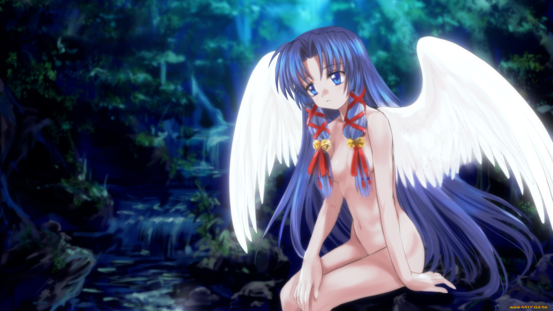 аниме, air, девушка, ангел, берег, крылья, ручей