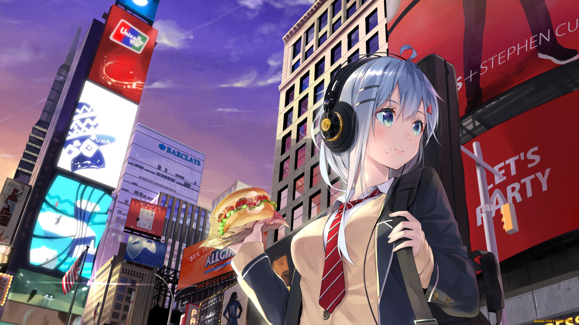 аниме, город, , улицы, , здания, девушки, фон, взгляд