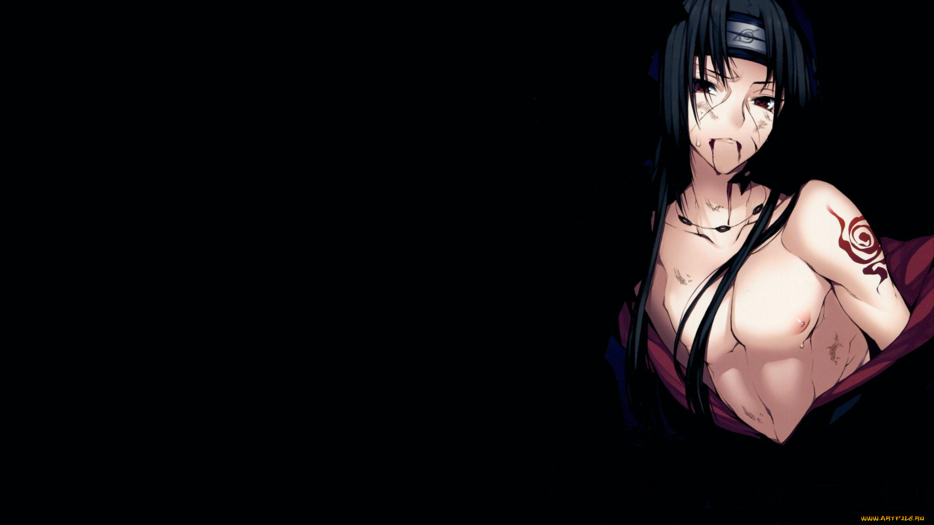 аниме, naruto, татуировка, протектор, тело, учиха, итачи, плащ, кровь