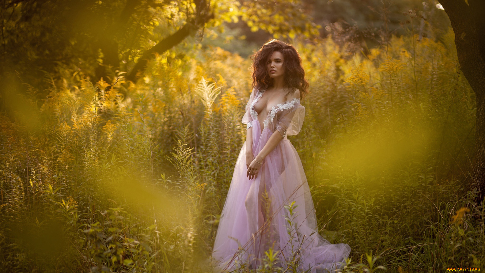 девушки, -unsort, , брюнетки, , шатенки, деревья, платье, боке, девушка, лето, трава