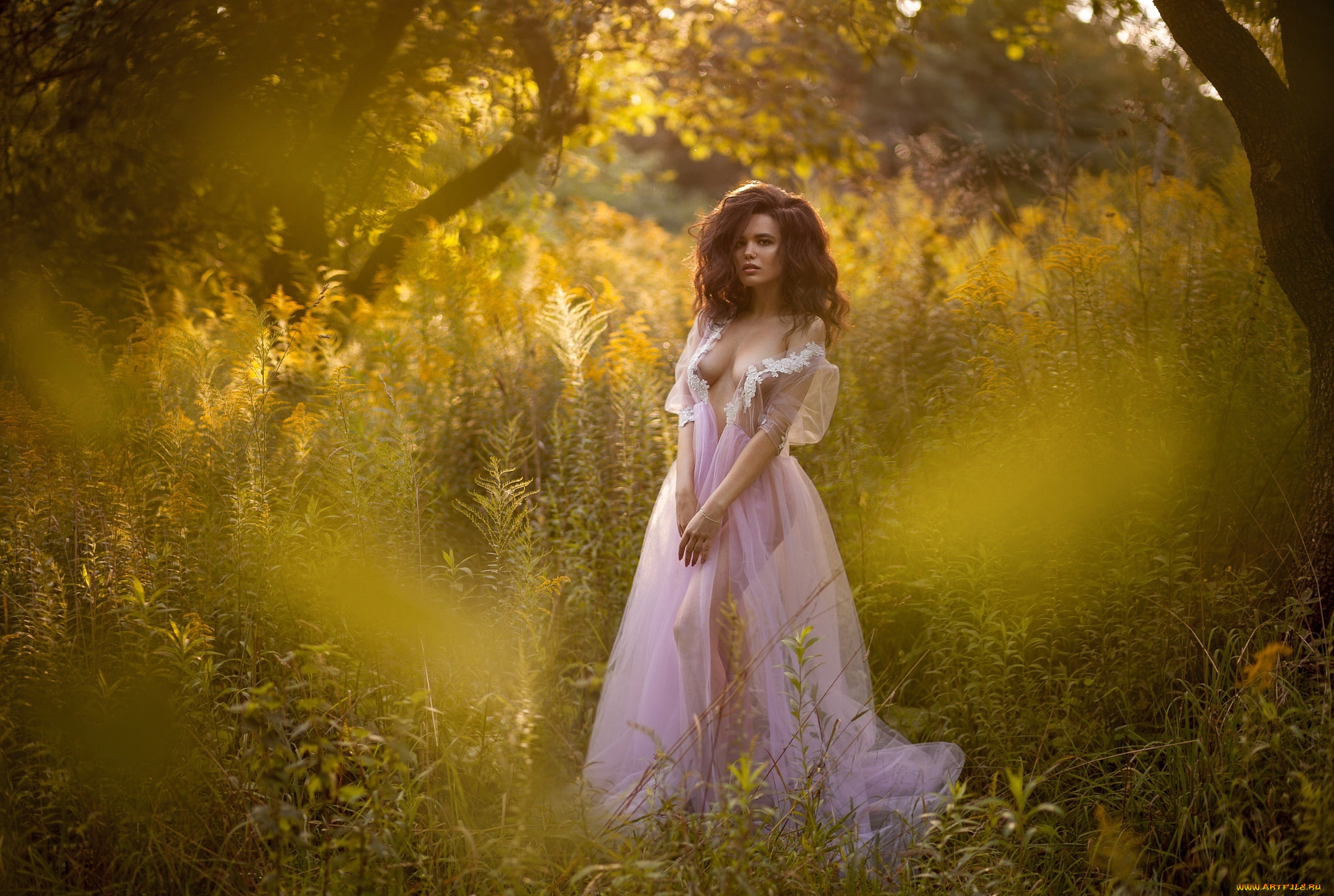 девушки, -unsort, , брюнетки, , шатенки, деревья, платье, боке, девушка, лето, трава