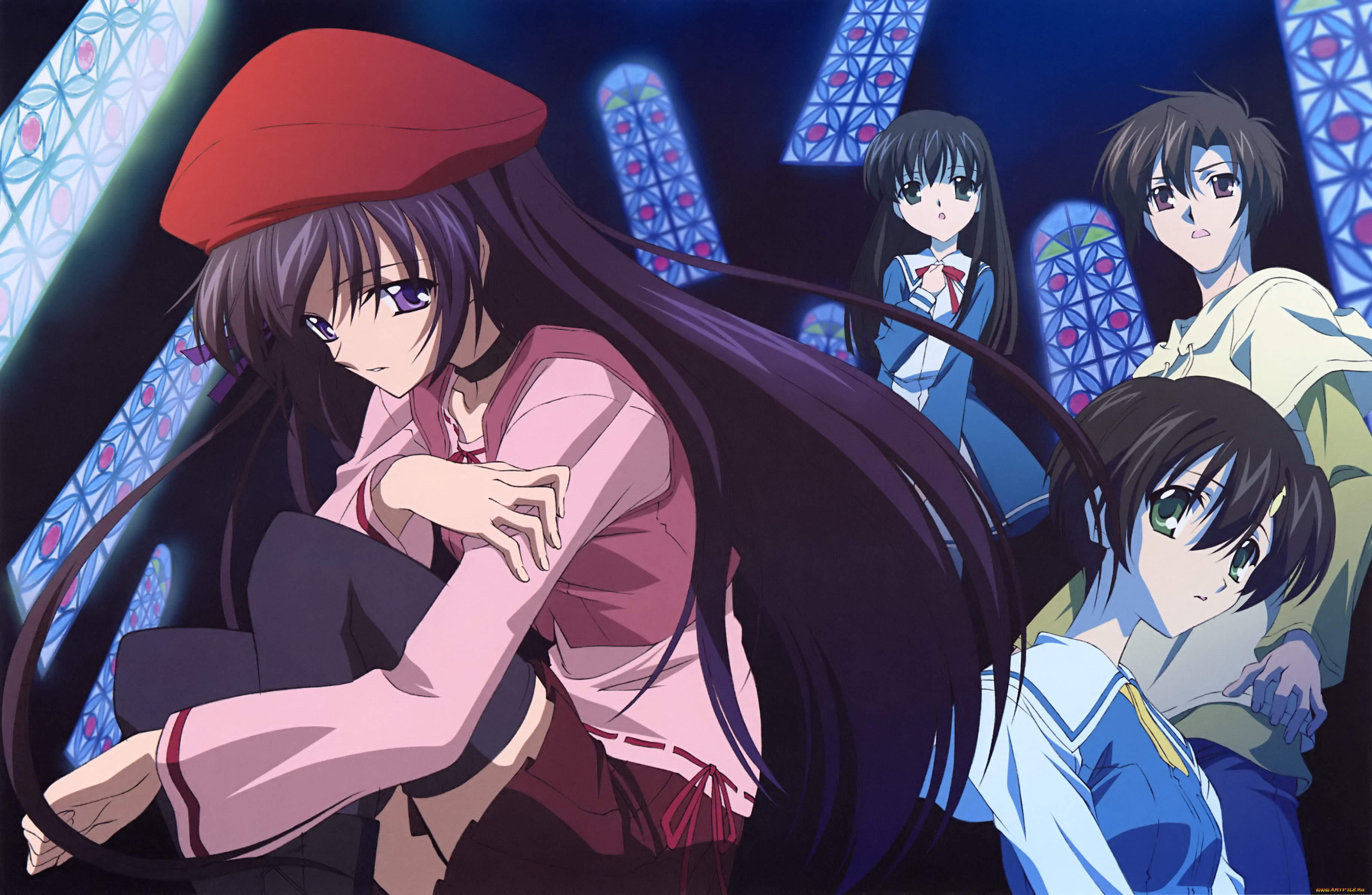 аниме, sola, окна, витражи, девушки, берет