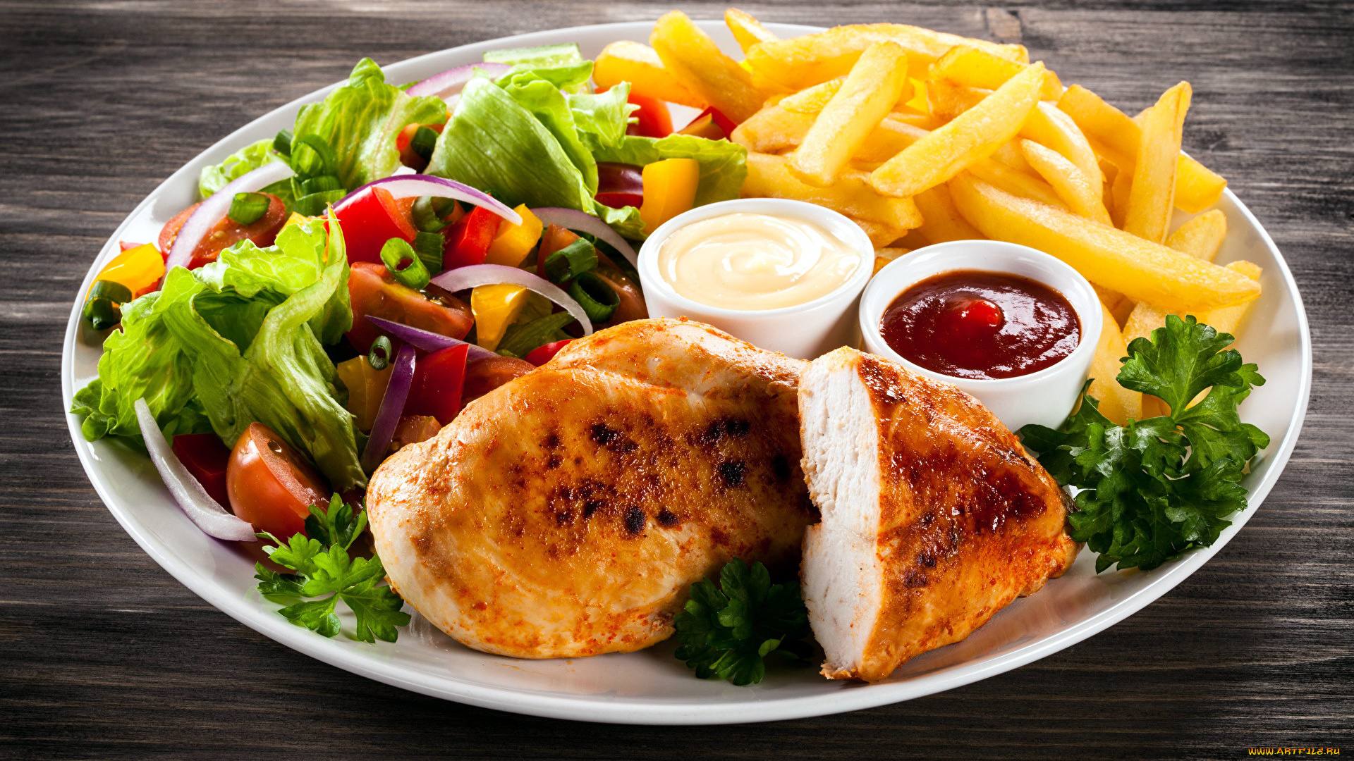 еда, мясные, блюда, картофель, кетчуп, мясо, отбивная, салат