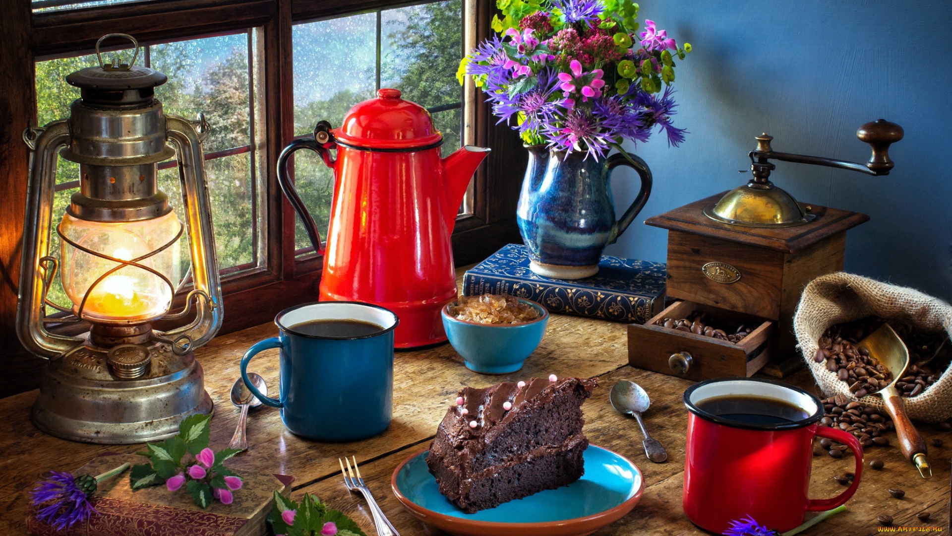 еда, натюрморт, цветы, торт, лампа, зерна, кофе