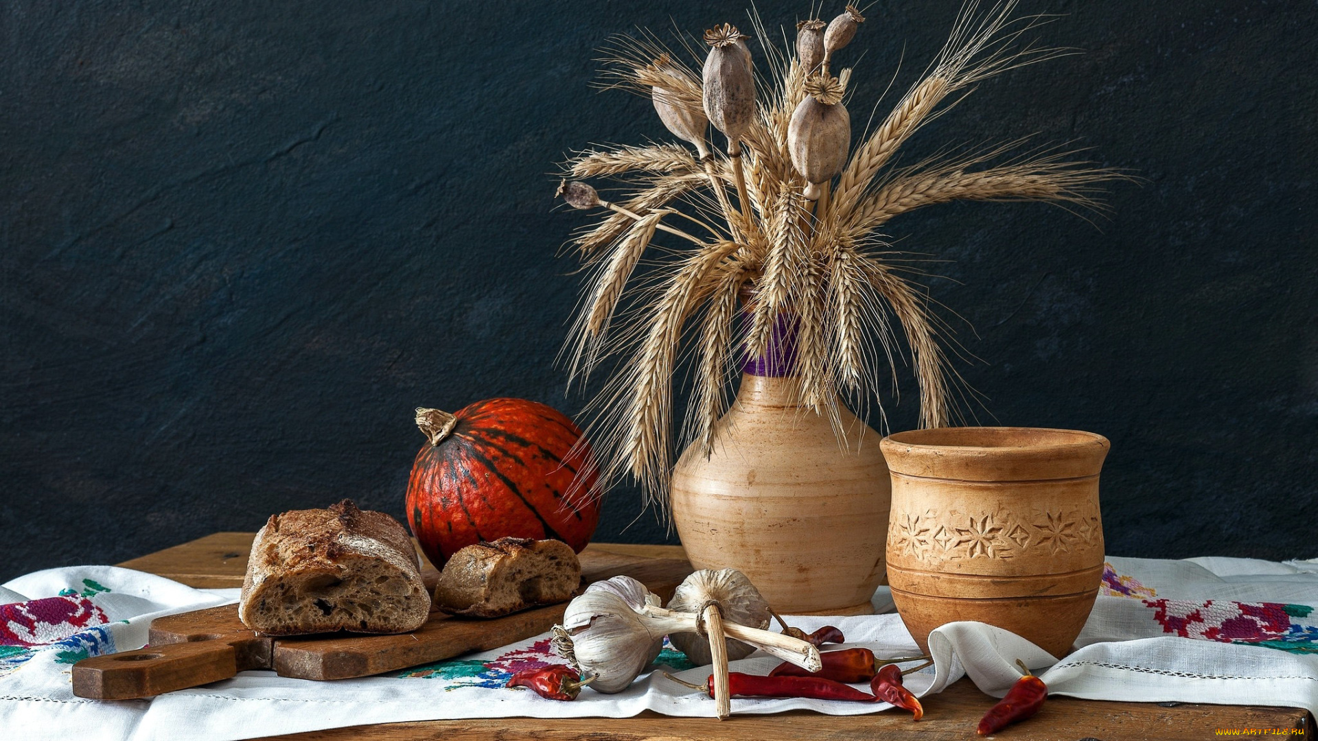 еда, натюрморт, перец, хлеб, тыква, мак, чеснок