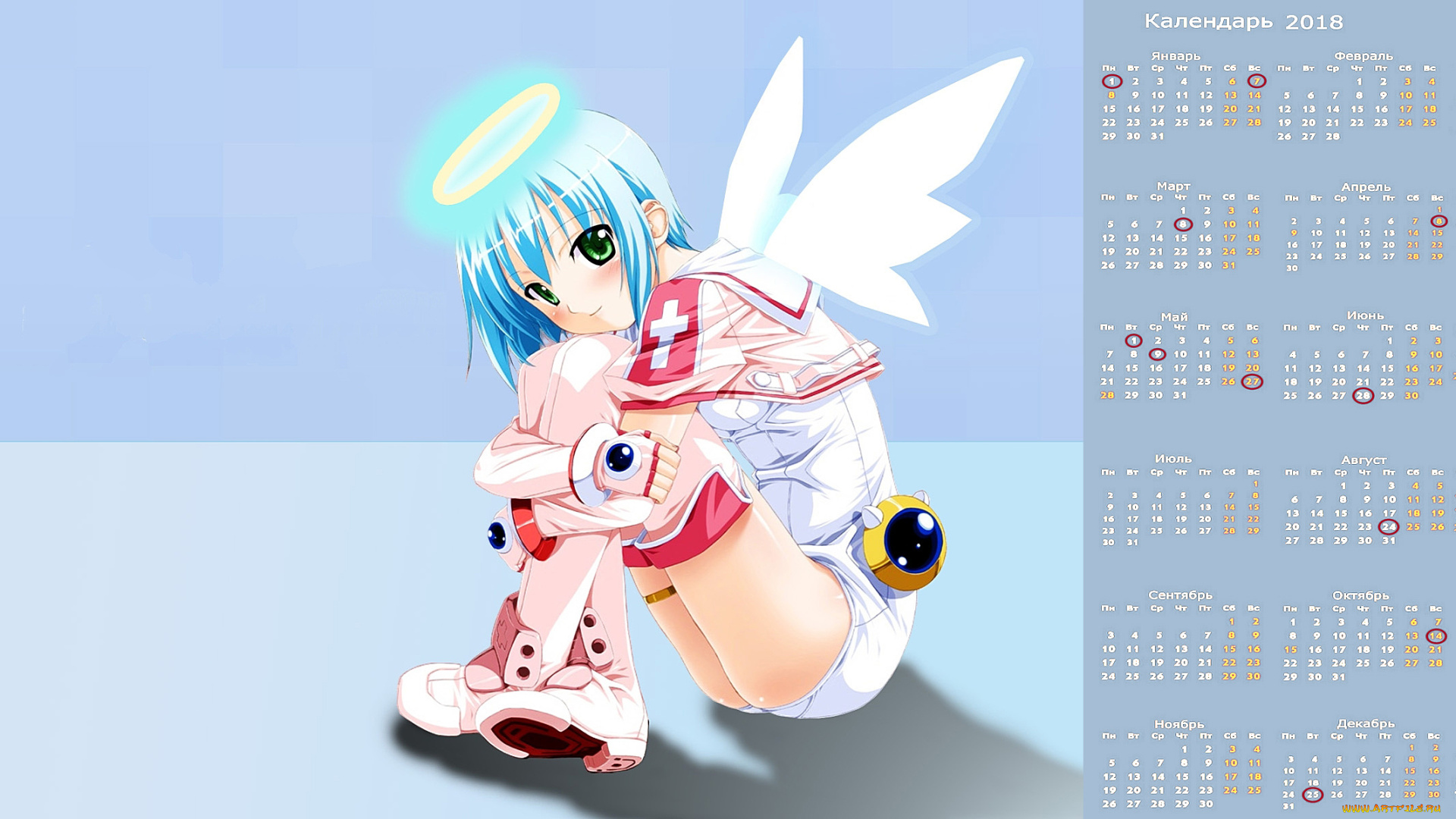 календари, аниме, девушка, крылья, взгляд