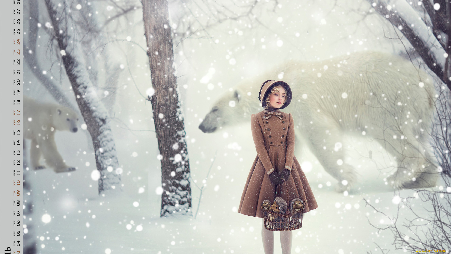 календари, компьютерный, дизайн, девушка, снег, клетка, деревья, медведь