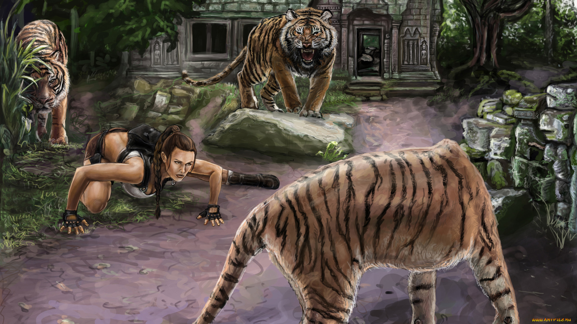 видео, игры, tomb, raider, , other, фон, девушка, тигры