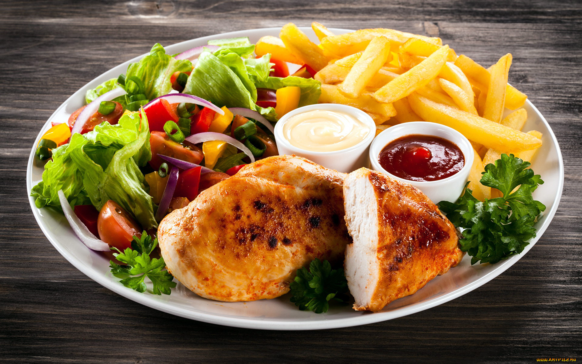 еда, мясные, блюда, картофель, кетчуп, мясо, отбивная, салат