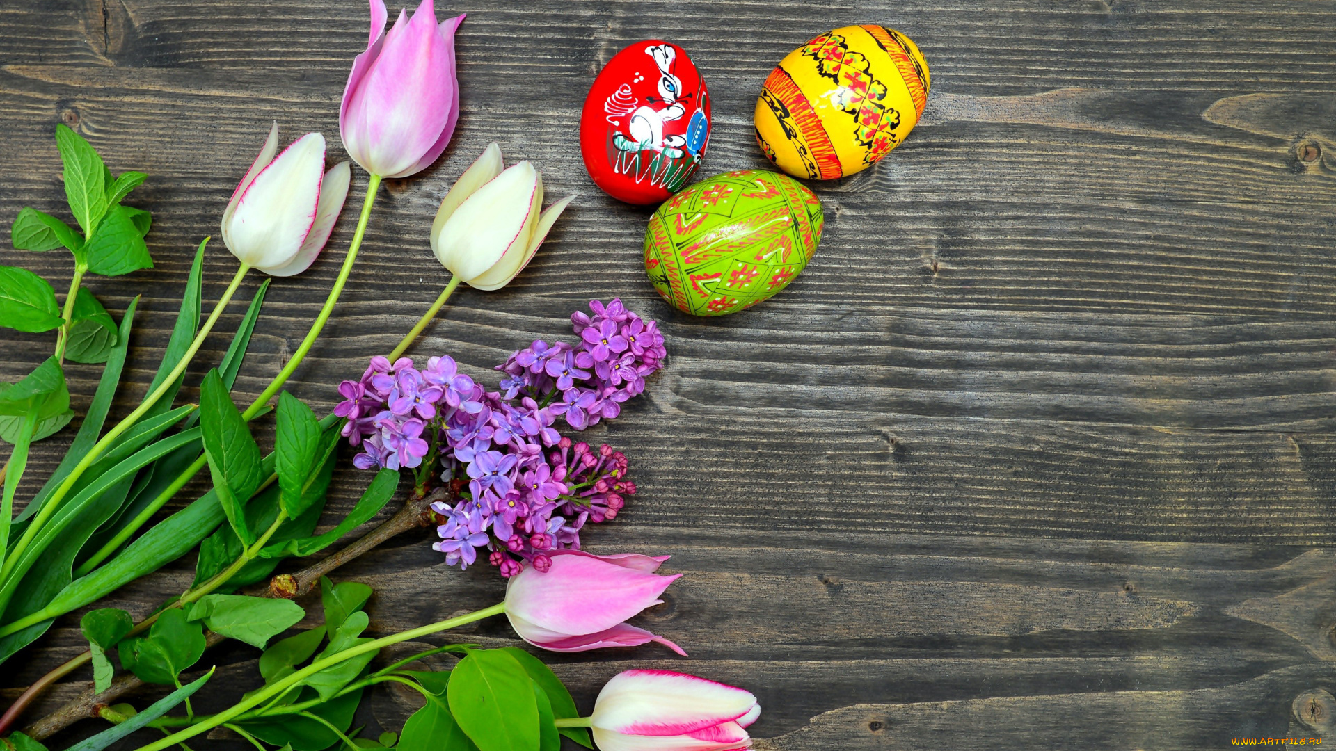 праздничные, пасха, тюльпаны, сирень, писанки