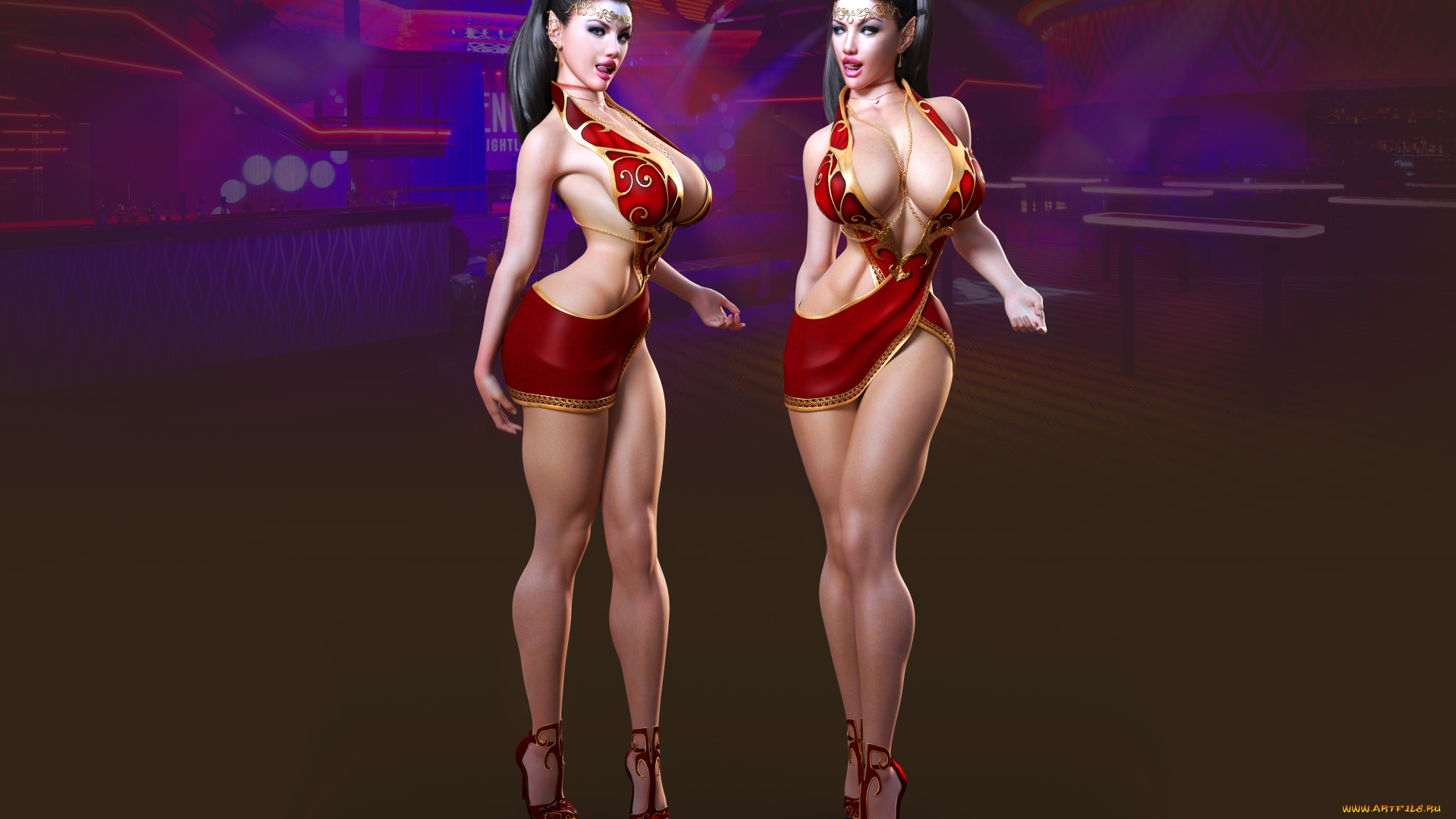 3д, графика, эльфы, , elves, девушка, фон, взгляд, платье