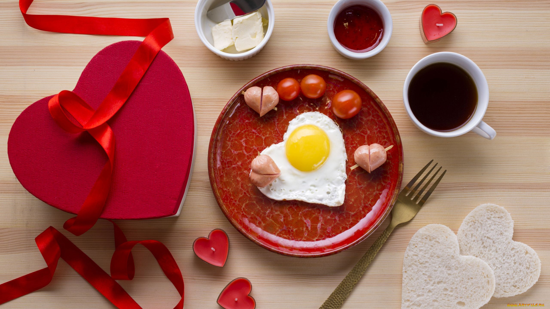 праздничные, день, святого, валентина, , сердечки, , любовь, лента, подарок, свечи, завтрак, сердечки