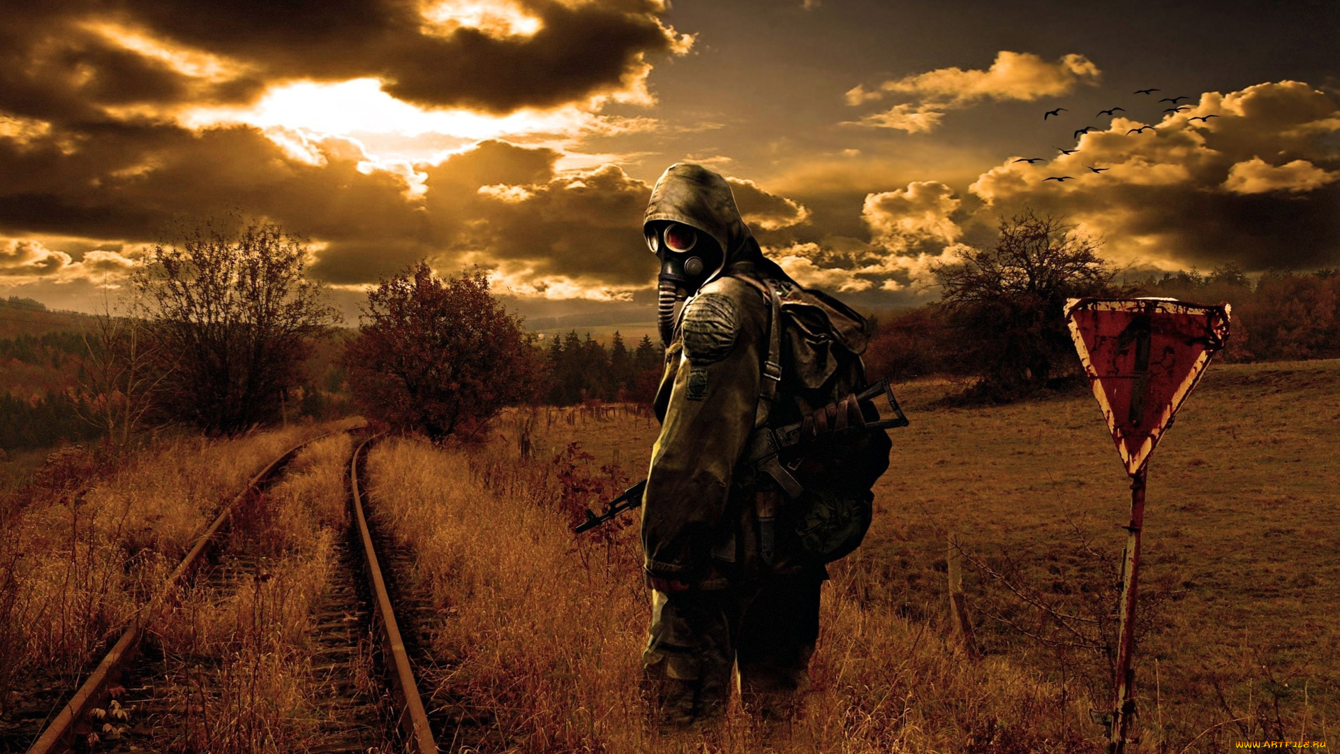 видео, игры, сталкер, противогаз, оружие, рельсы, зона