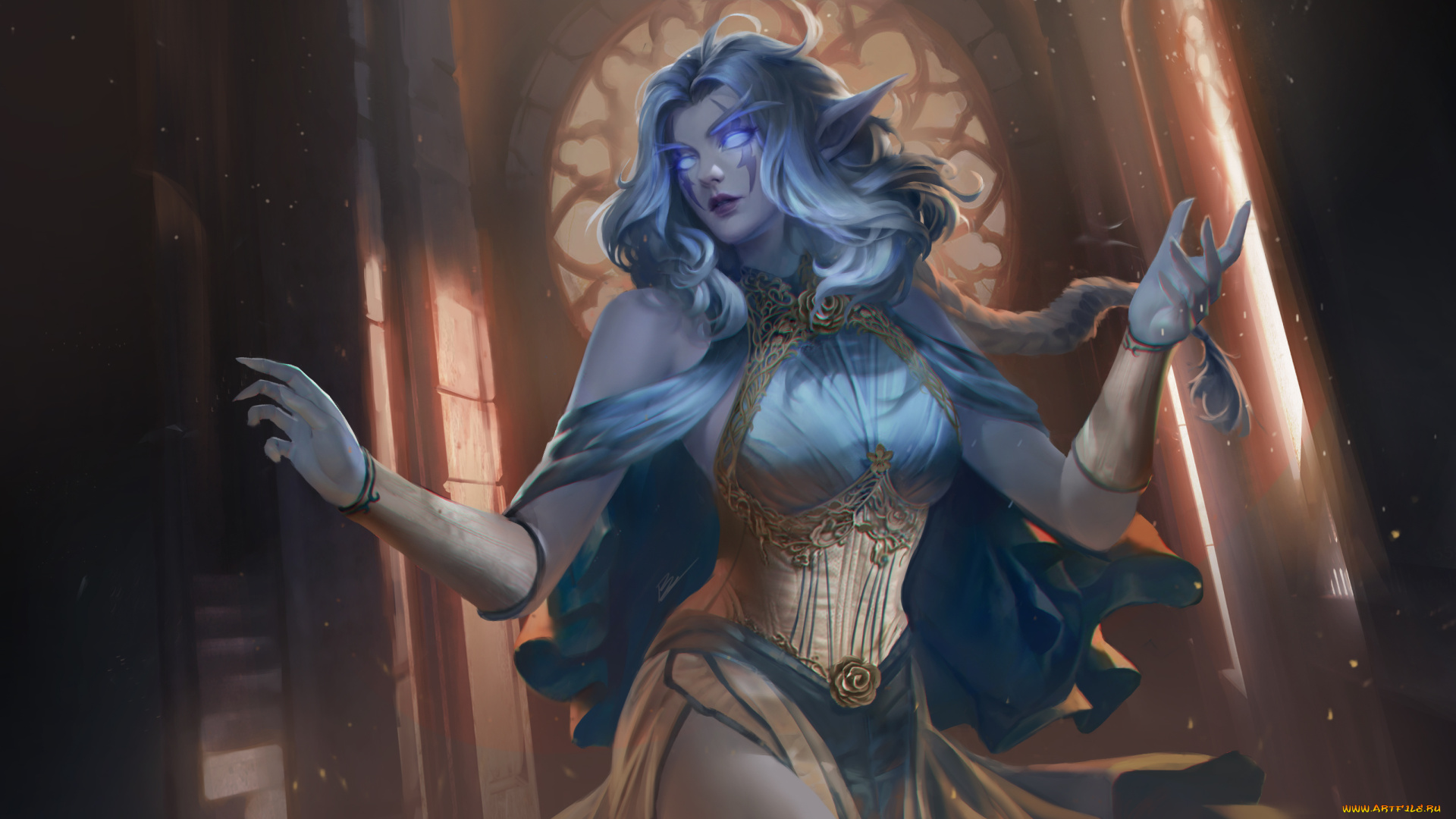 видео, игры, world, of, warcraft, девушка, фон, взгляд, платье