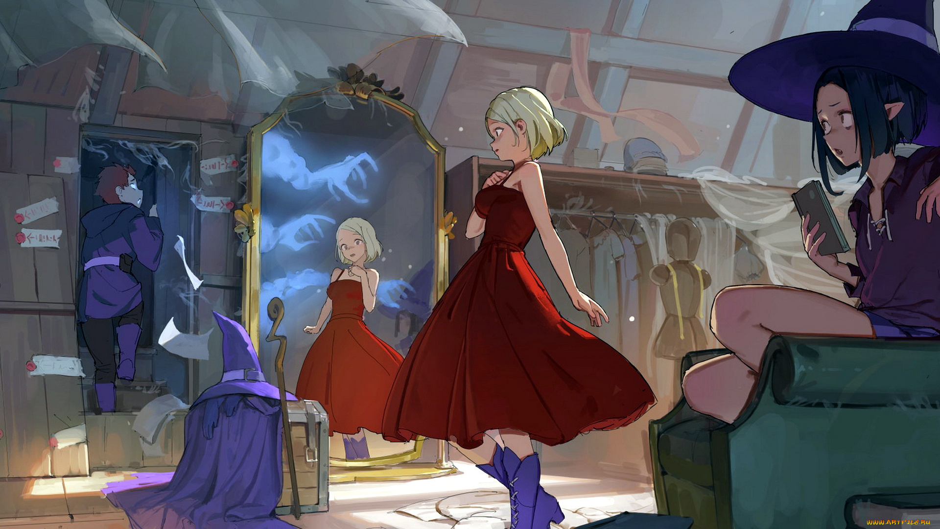 аниме, магия, , колдовство, , halloween, девушки, платье, магазин, зеркало