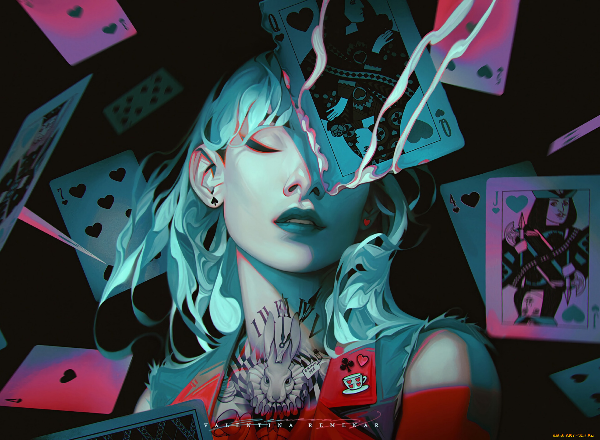 рисованное, valentina, remenar, девушка, лицо, алиса, тату, карты
