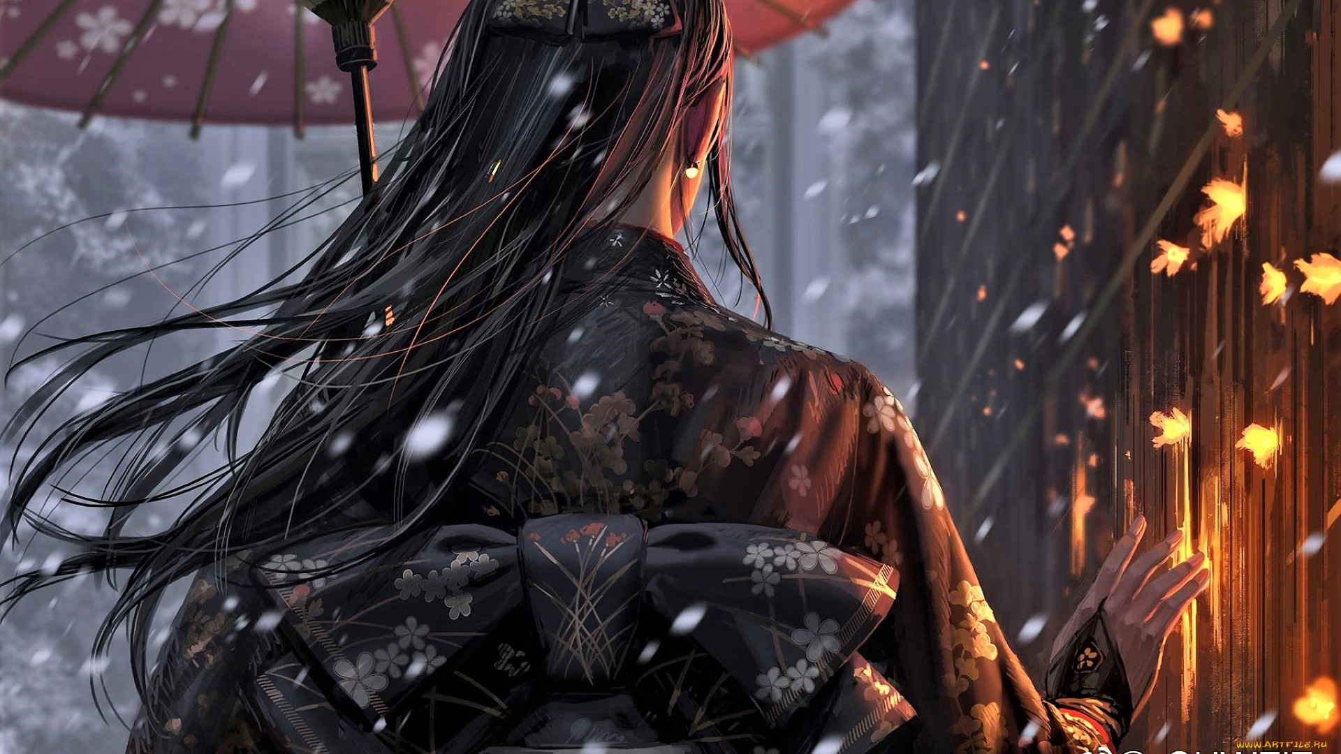 фэнтези, _guweiz, девушка, зонт, искры, кимоно