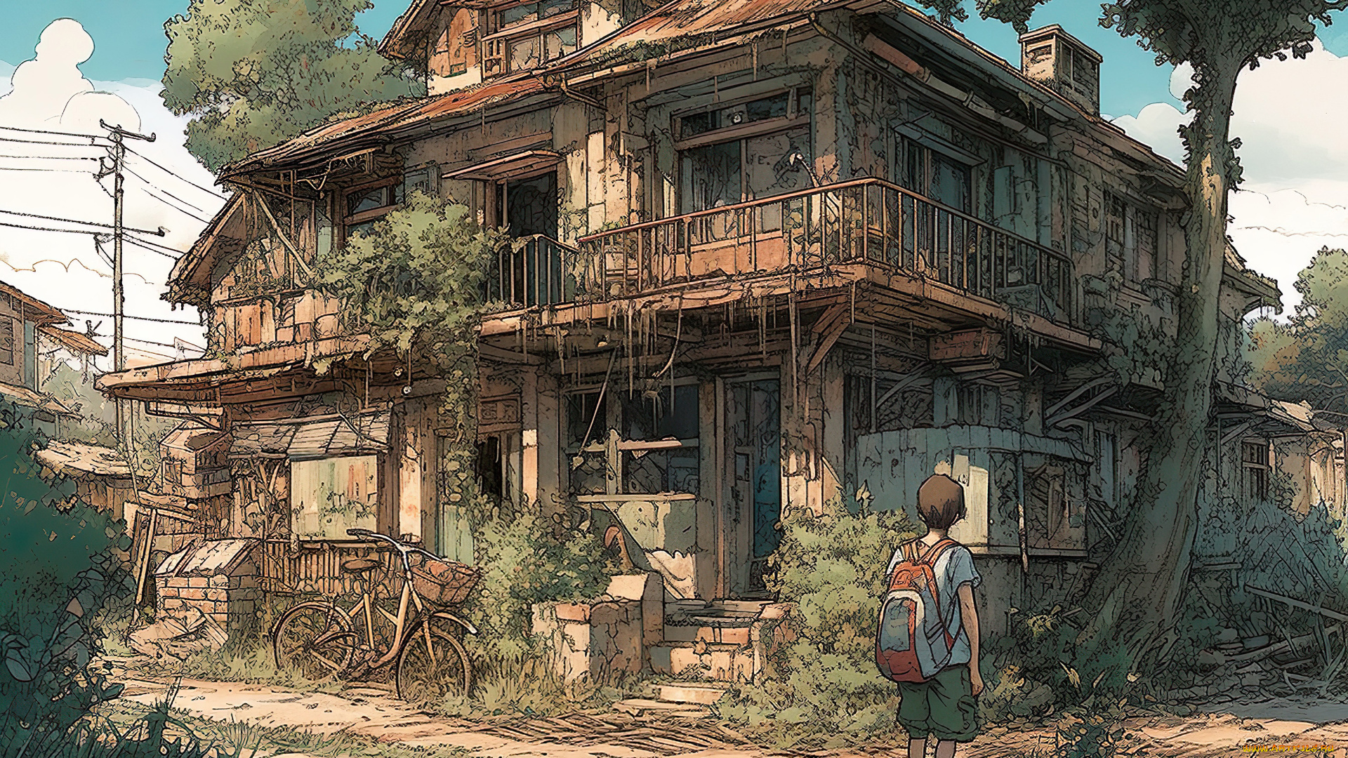 аниме, город, , улицы, , интерьер, , здания, старый, заросший, дом