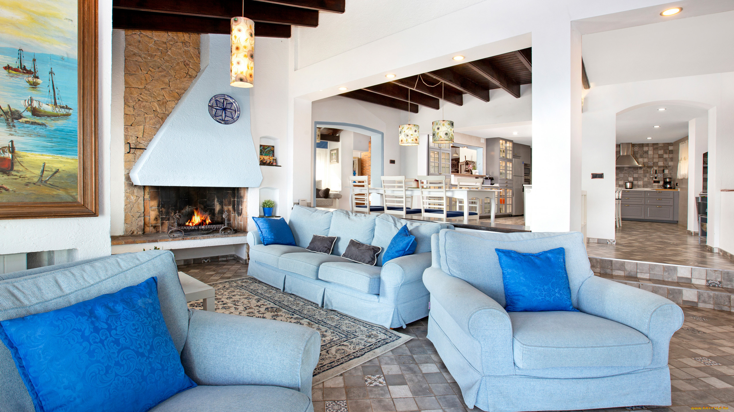 интерьер, гостиная, камин, картина, мягкий, уголок