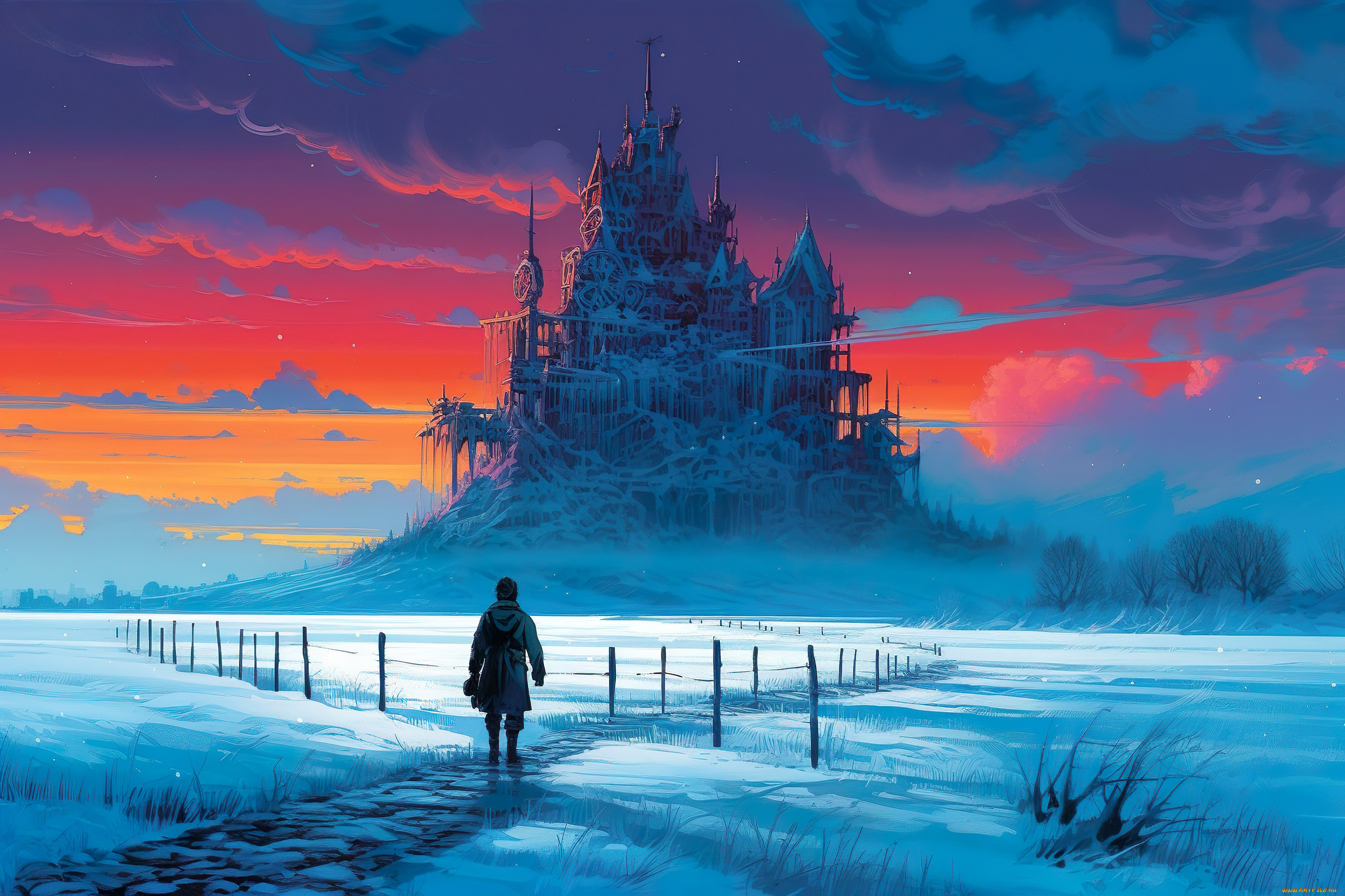 фэнтези, замки, зима, снег