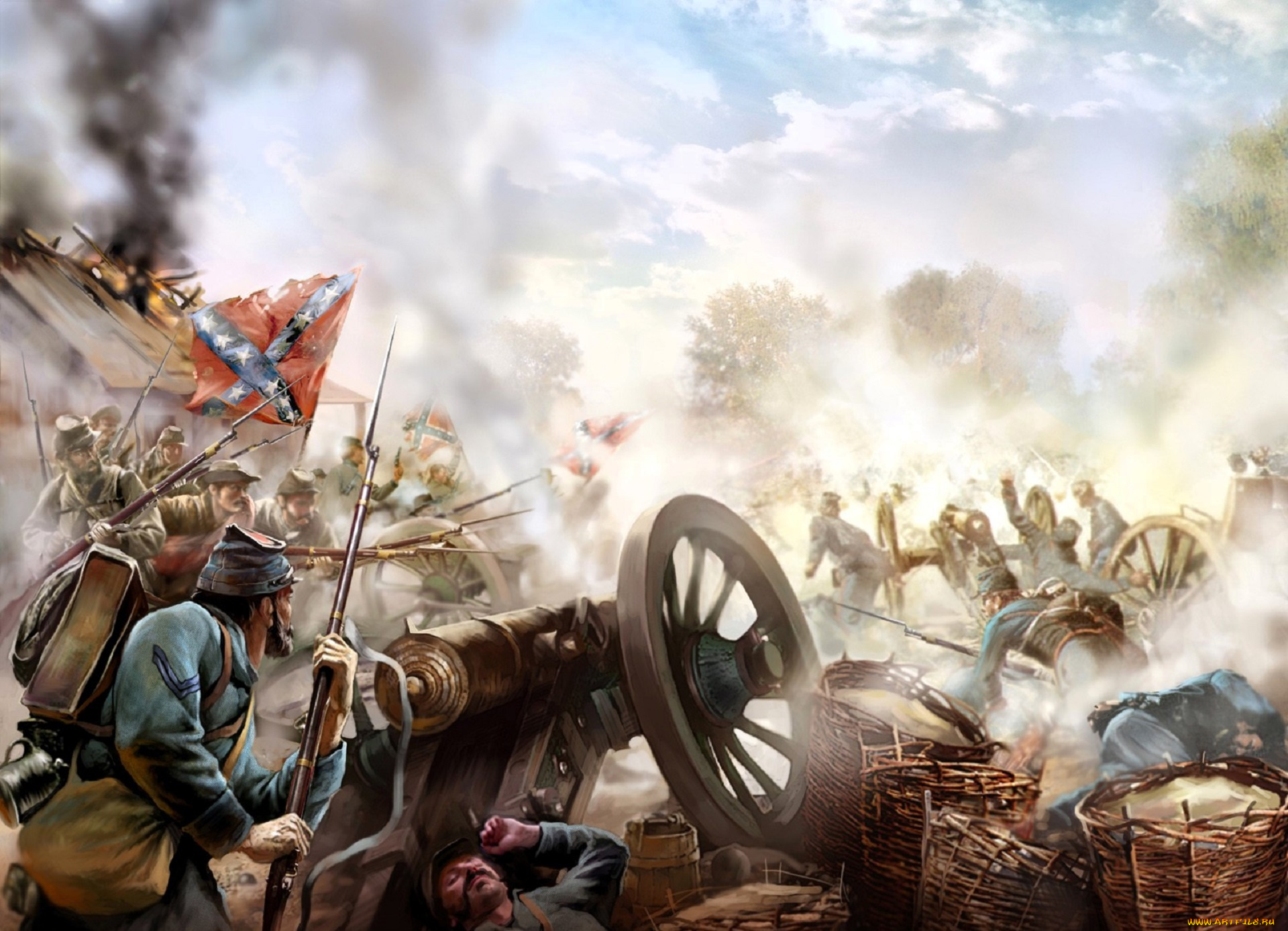 видео, игры, american, conquest, , divided, nation, война, американцы, дым, флаг, пушка, корзины, солдаты