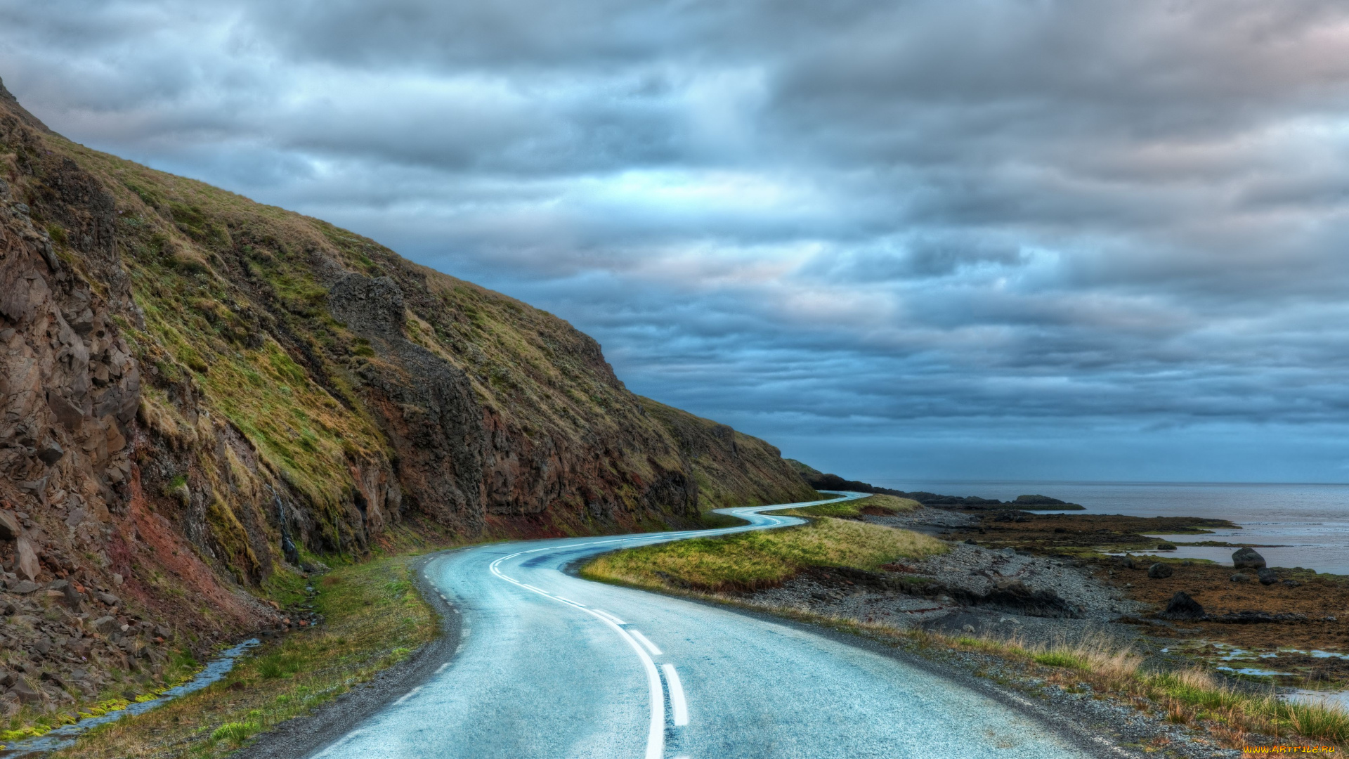 природа, дороги, iceland, исландия, дорога, побережье, облака