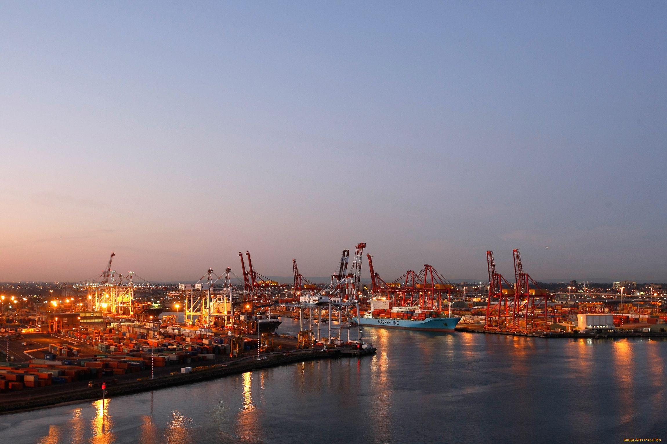 корабли, порты, причалы, порт, краны, огни, вечер