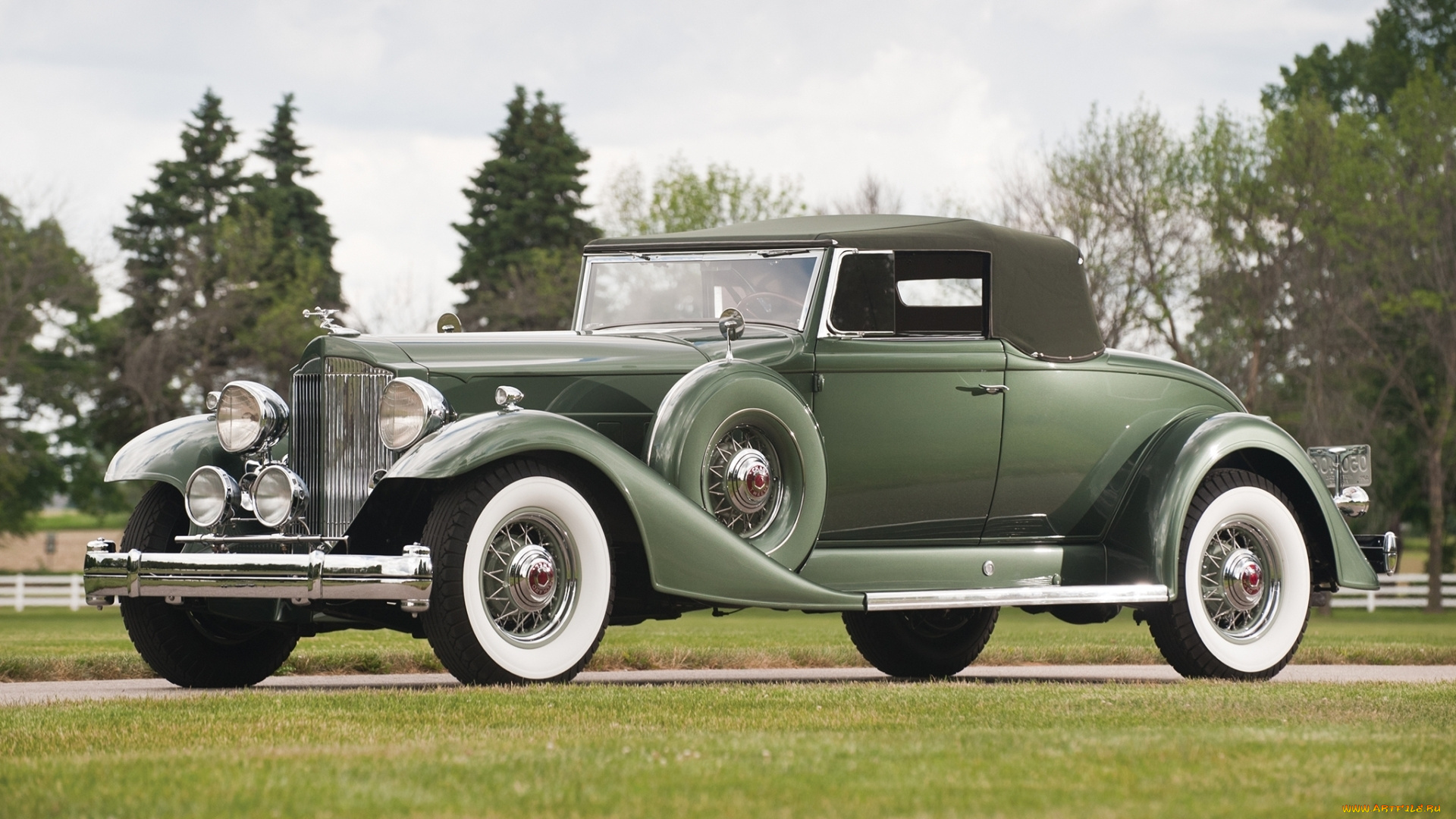 автомобили, packard, деревья, трава, зелёный, передок, кабриолет, купе, пакард, 1933, twelve, convertible, coupe