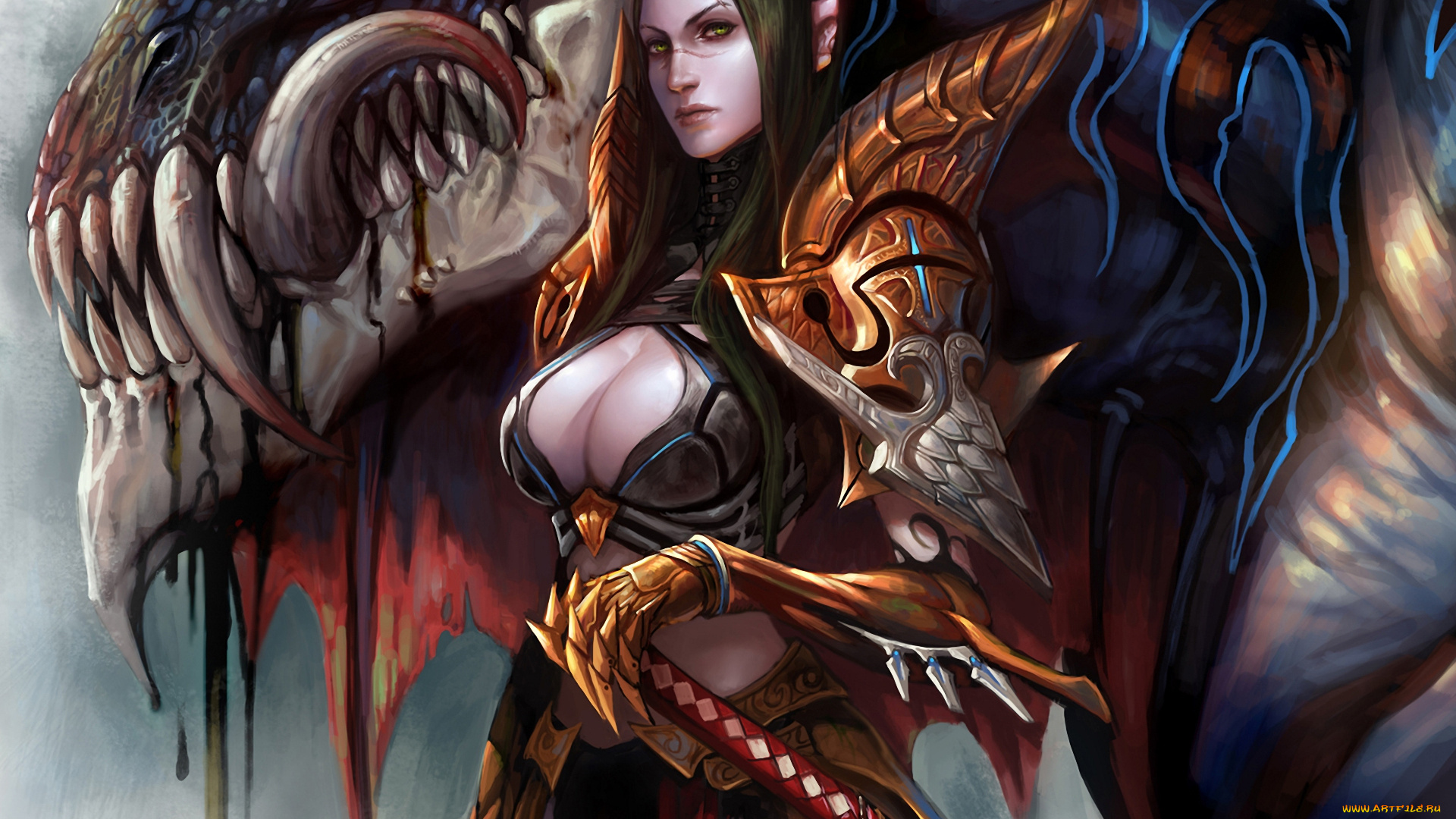 фэнтези, красавицы, чудовища, эльфийка, дракон, воительница