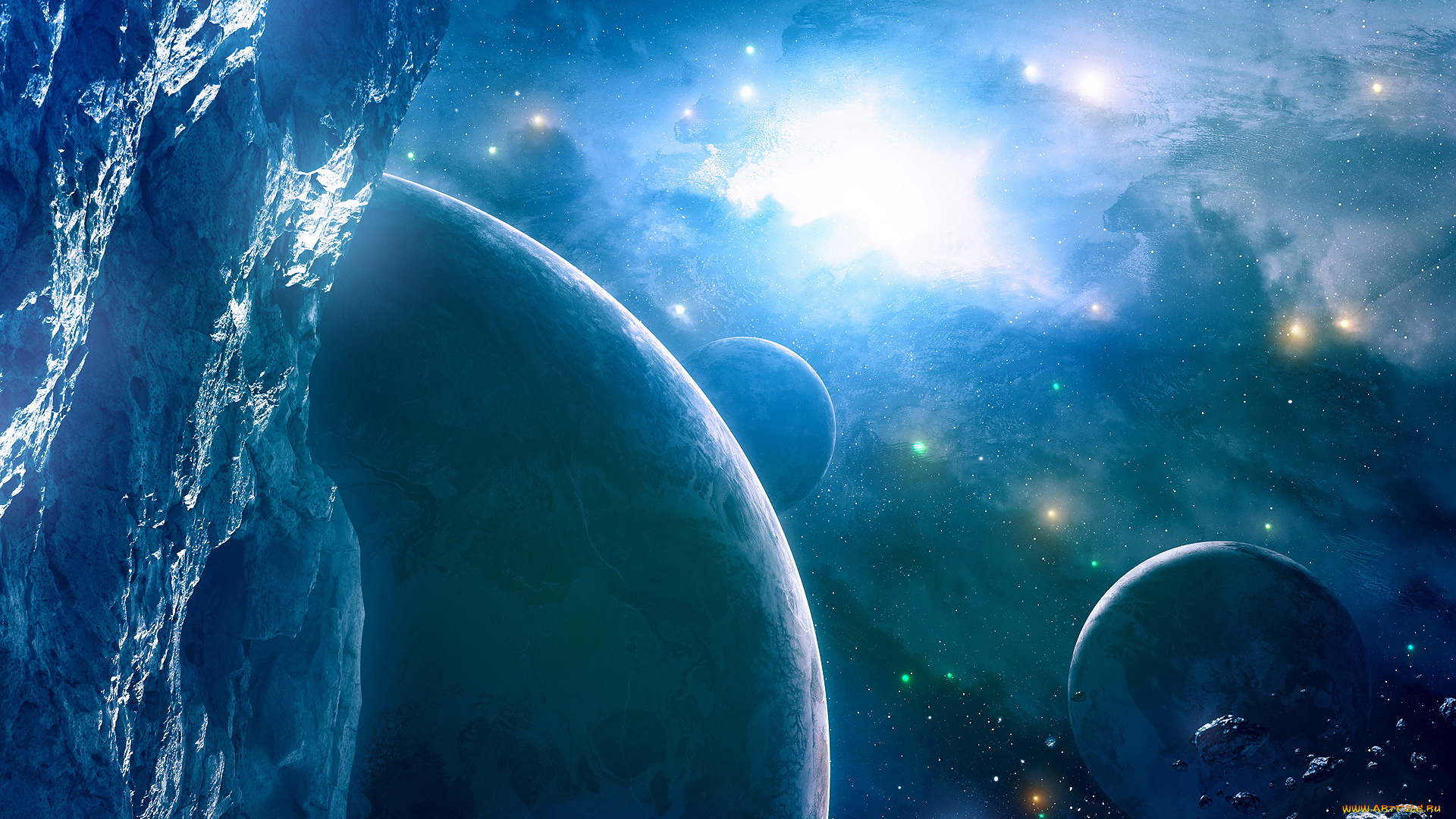 космос, арт, планеты, астероиды