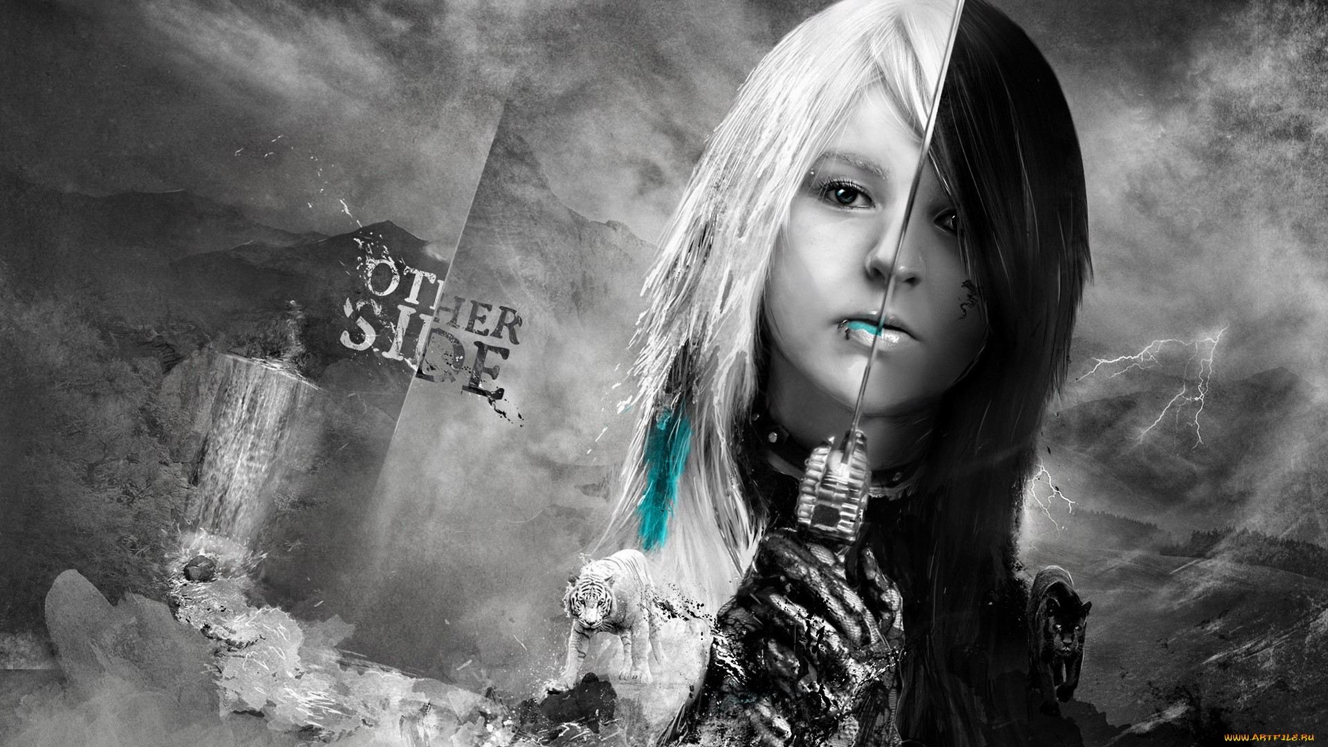 other, side, фэнтези, девушки, девушка, меч, тигр, молнии, горы, водопад
