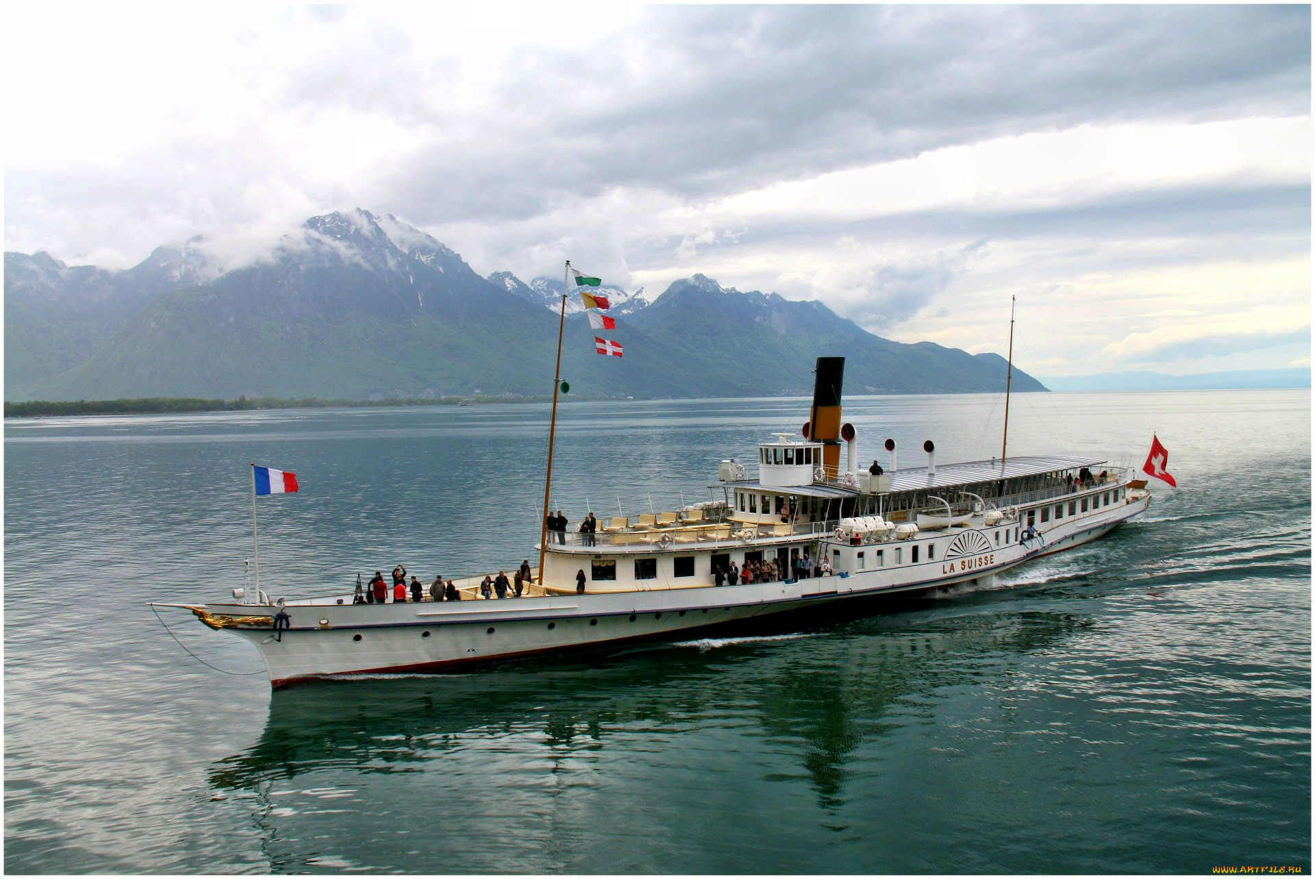 корабли, пароходы, вымпелы, флаг, фьорд, колесный, пароход, море