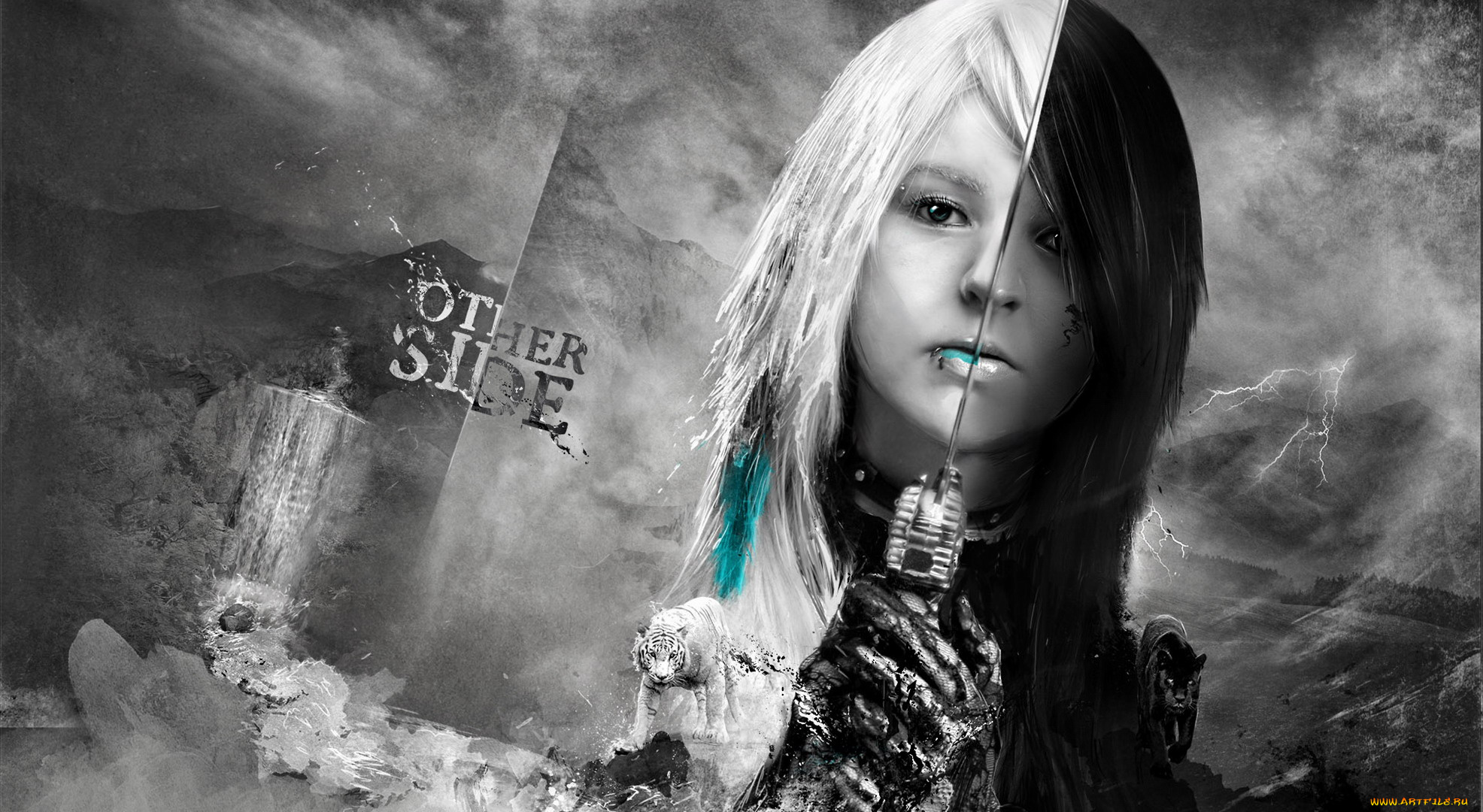 other, side, фэнтези, девушки, девушка, меч, тигр, молнии, горы, водопад