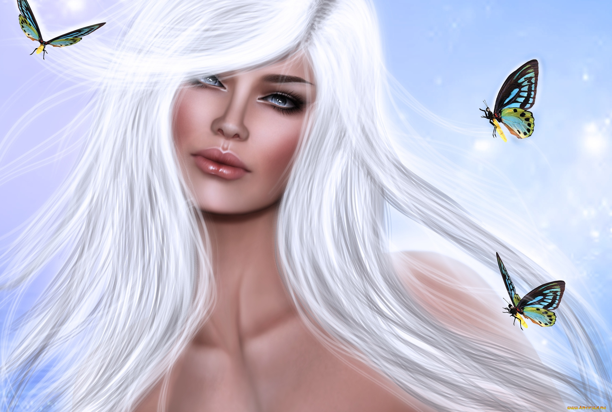 3д, графика, portraits, портрет, бабочки, девушка