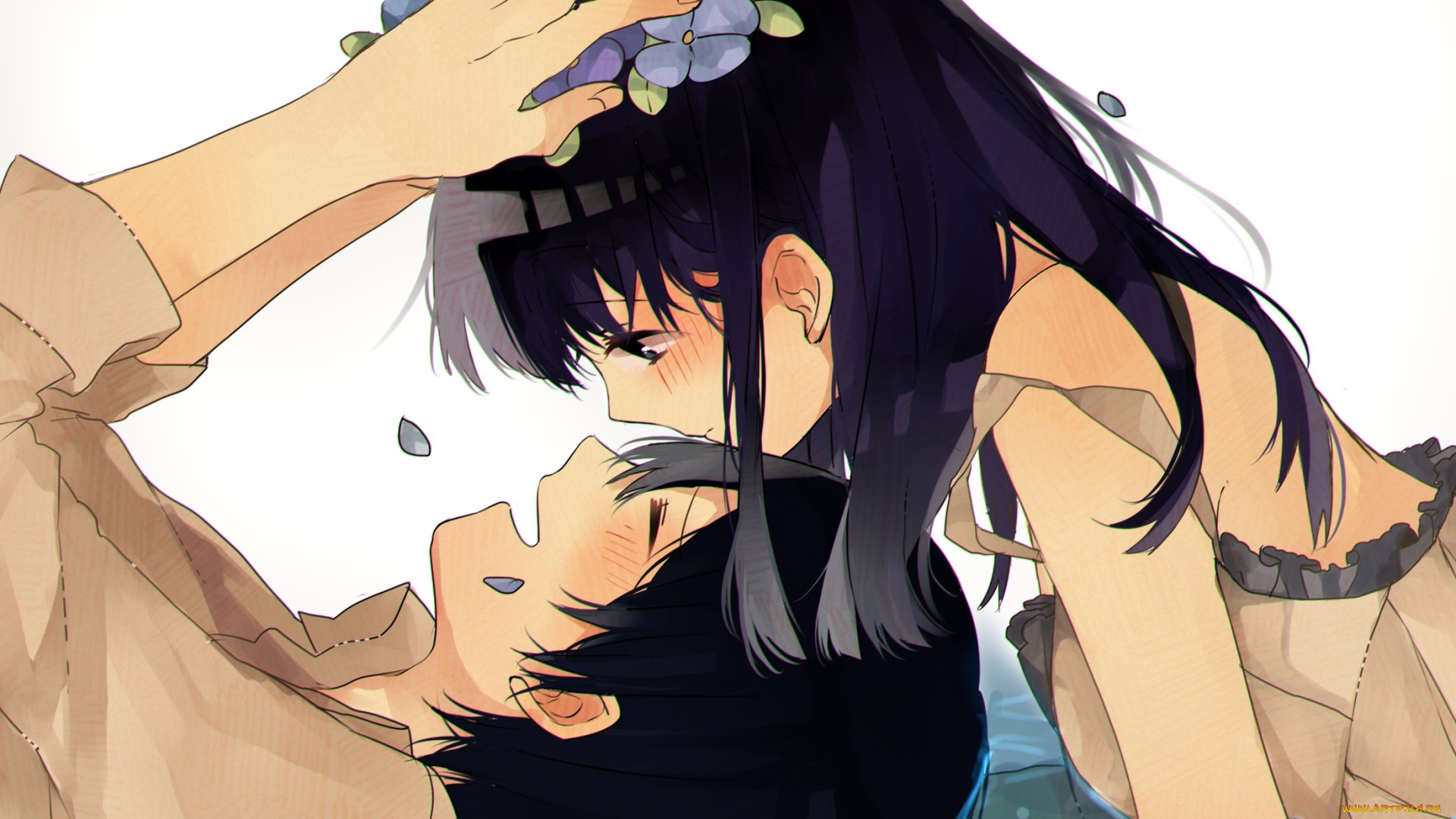 аниме, *unknown, , другое, вода, венок, девушка, aa11, арт, парень, радость, лепестки