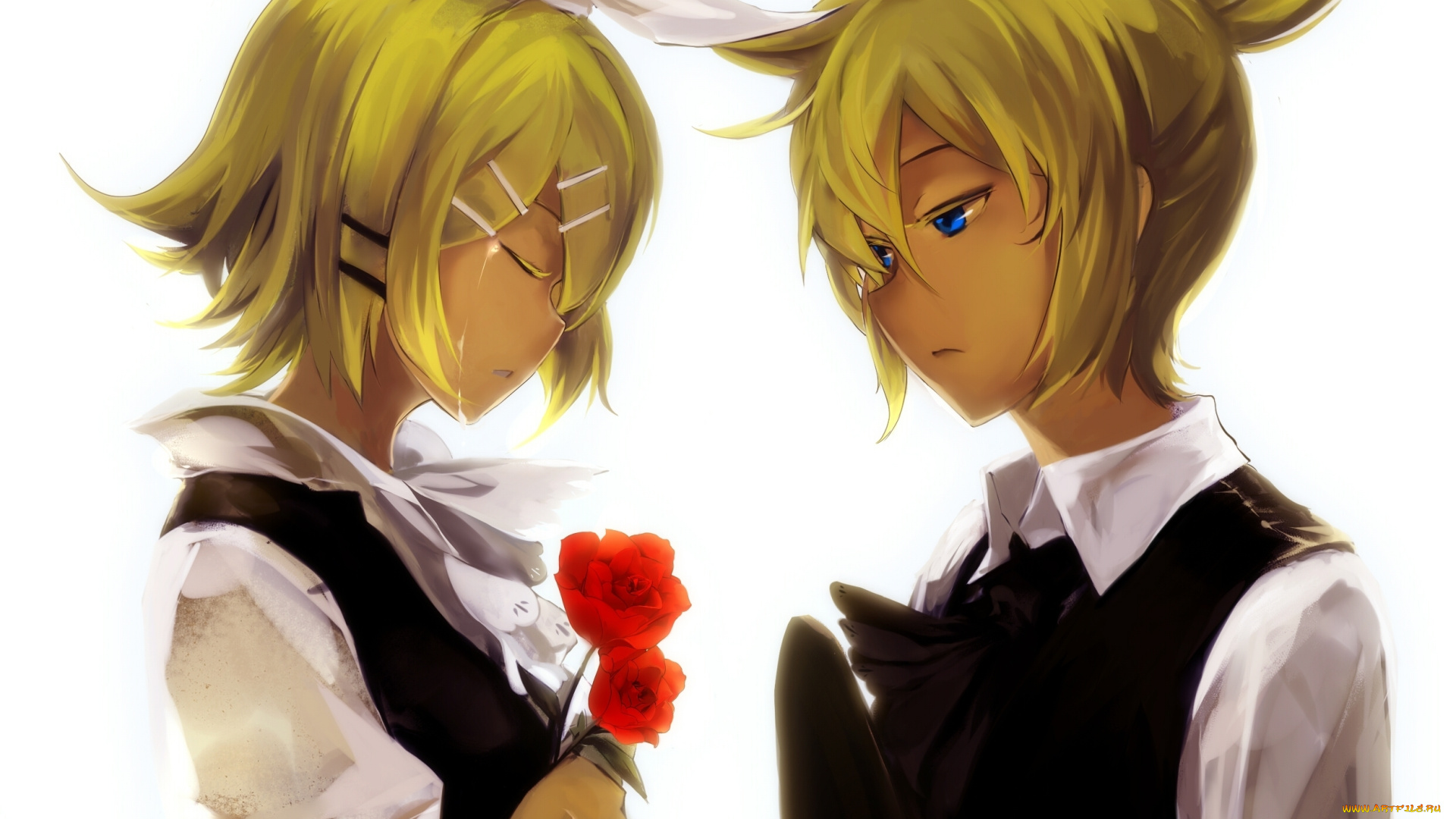 аниме, vocaloid, бант, вокалоид, девушка, слезы, story, of, evil, saberiii, kagamine, len, rin, заколки, арт, розы, цветы, парень