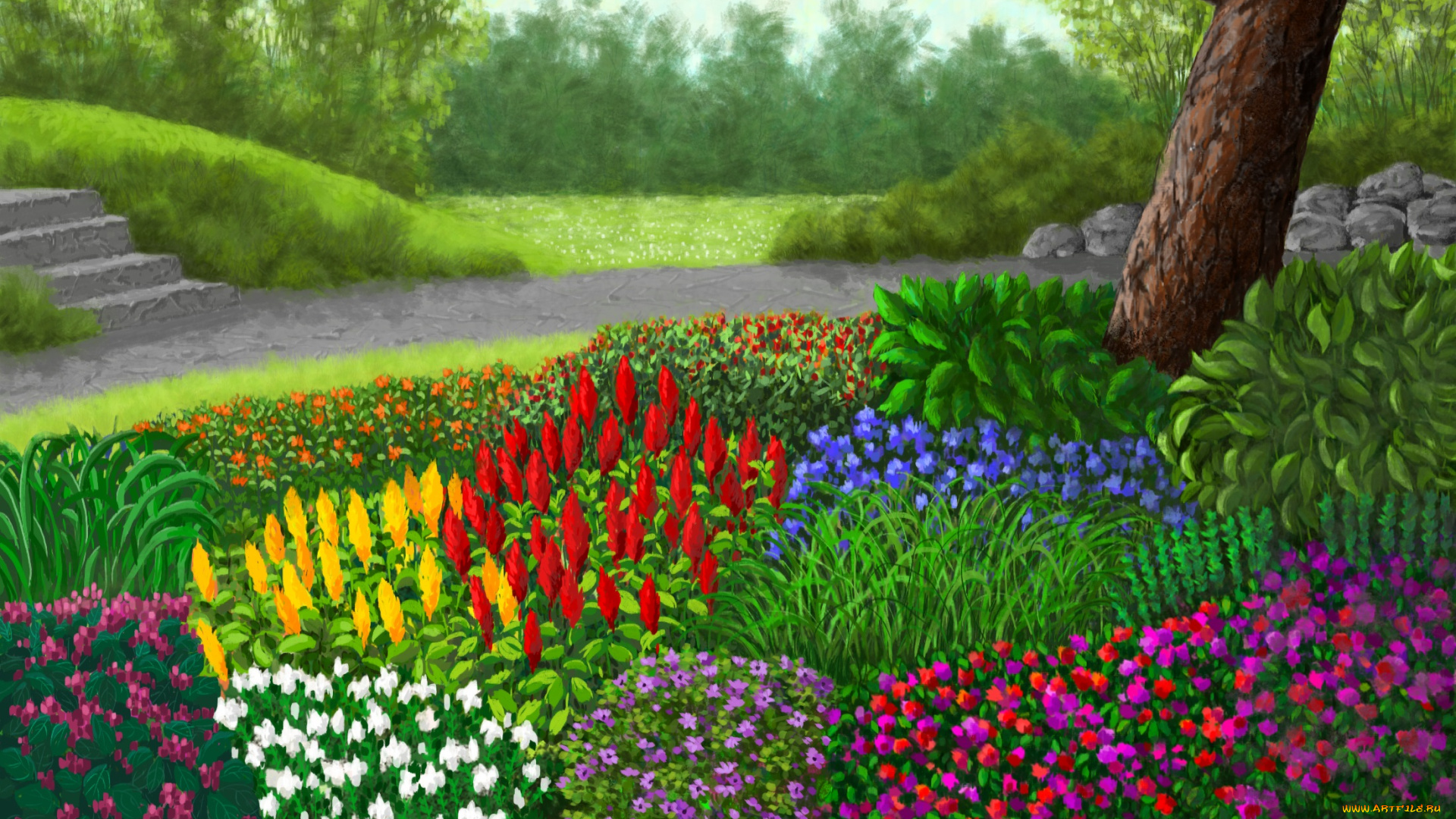рисованные, живопись, парк, деревья, цветы