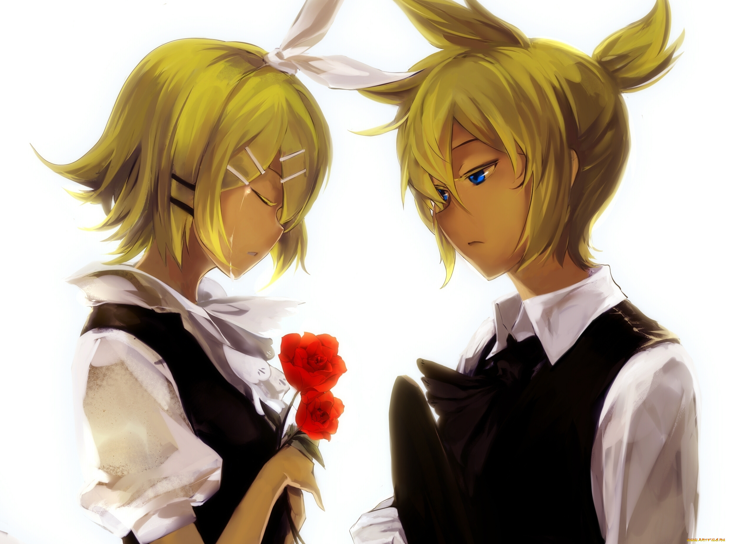 аниме, vocaloid, бант, вокалоид, девушка, слезы, story, of, evil, saberiii, kagamine, len, rin, заколки, арт, розы, цветы, парень
