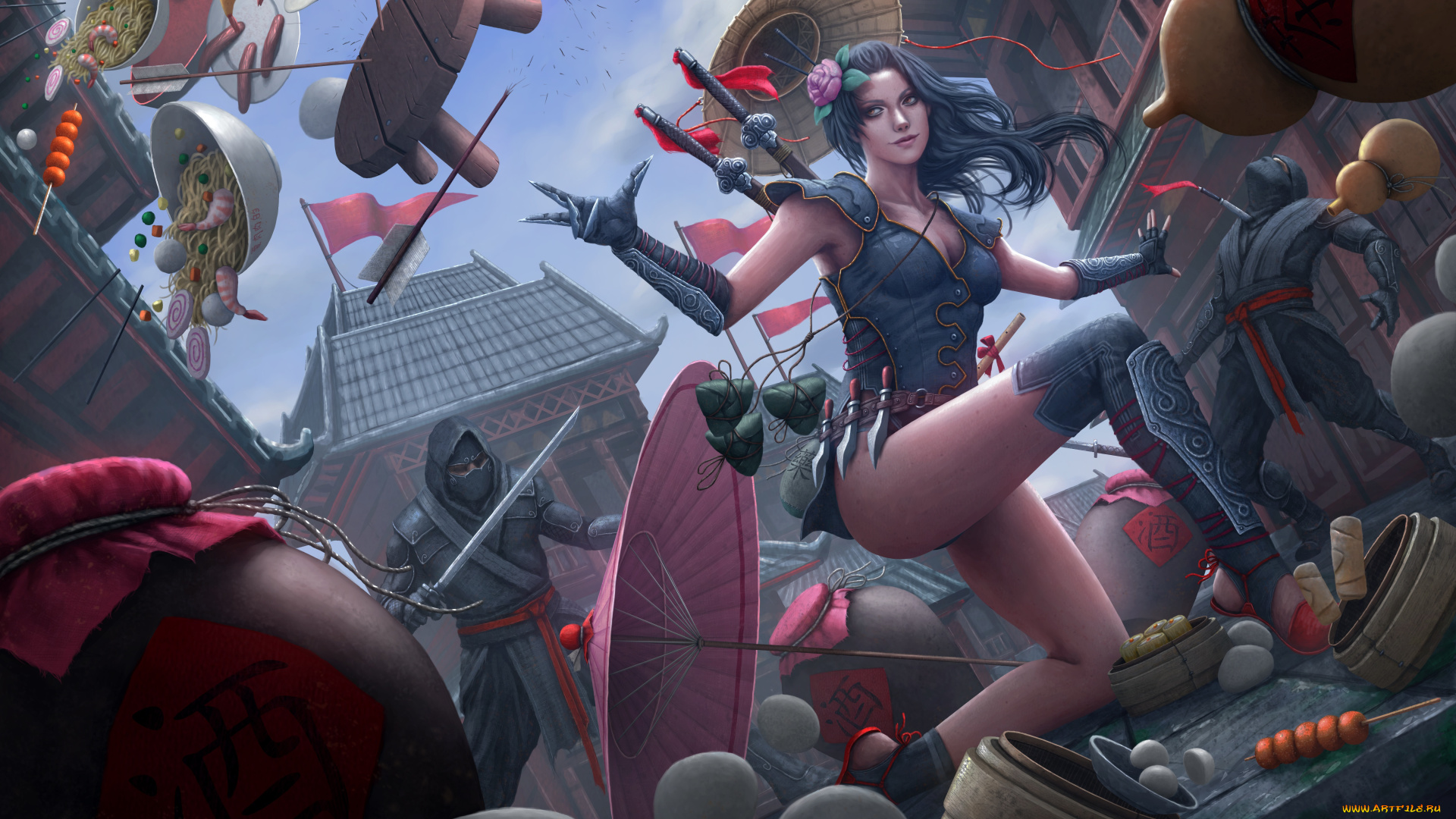 фэнтези, девушки, битва, арт, ножи, улица, девушка, jiang, hu, меч, воин