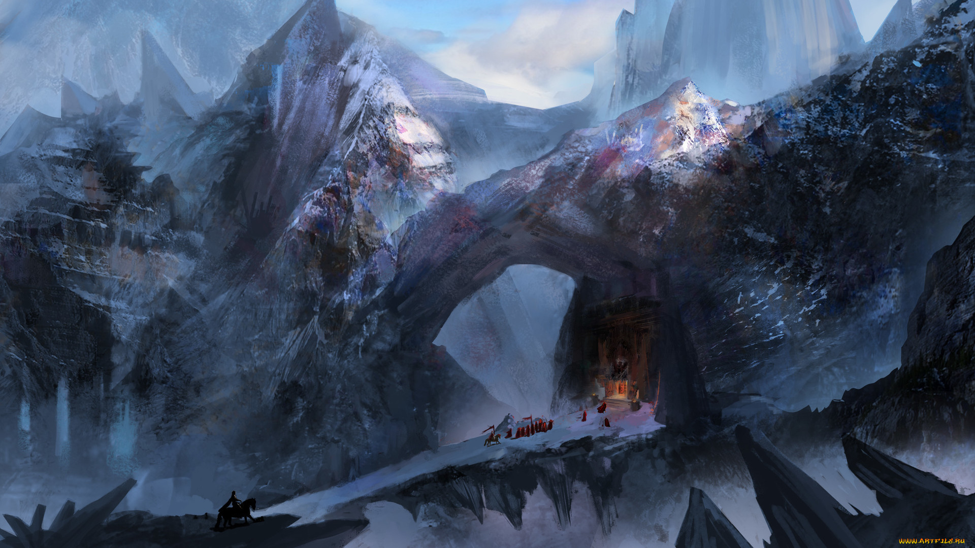 фэнтези, пейзажи, арт, мост, плащи, люди, всадник, снег, храм, скалы, холод