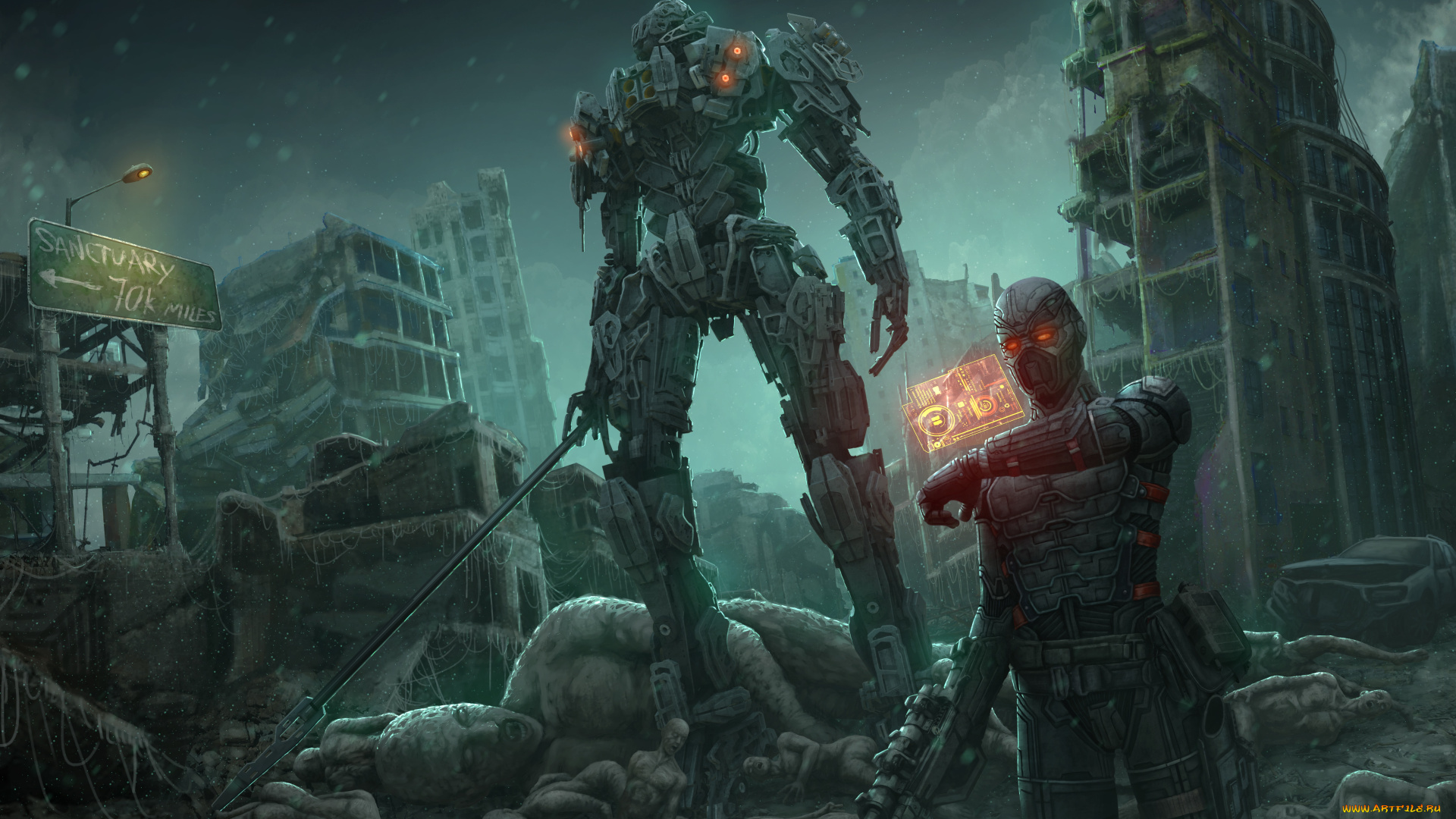 фэнтези, роботы, , киборги, , механизмы, меч, фантастика, робот, киборг, руины, город, арт