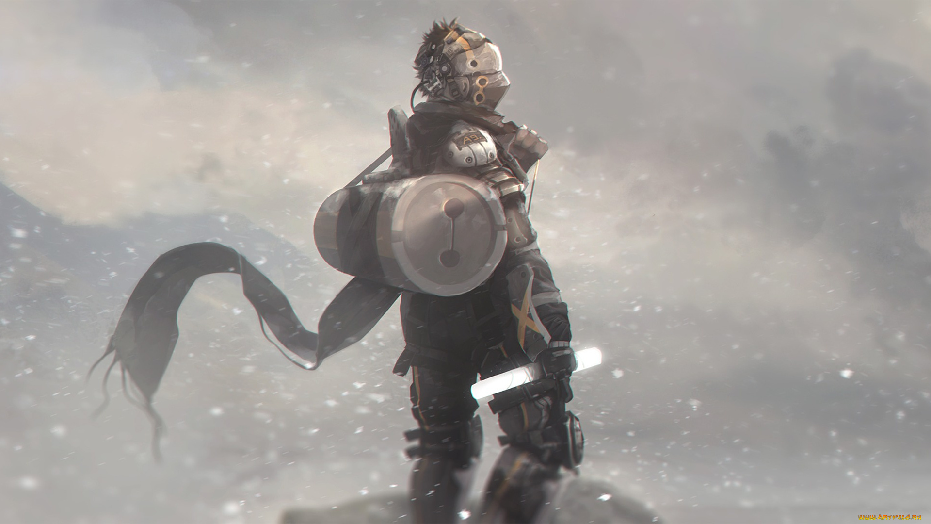 фэнтези, роботы, , киборги, , механизмы, зима, снег, ветер, фантастика, шлем, костюм, человек, наемник, арт