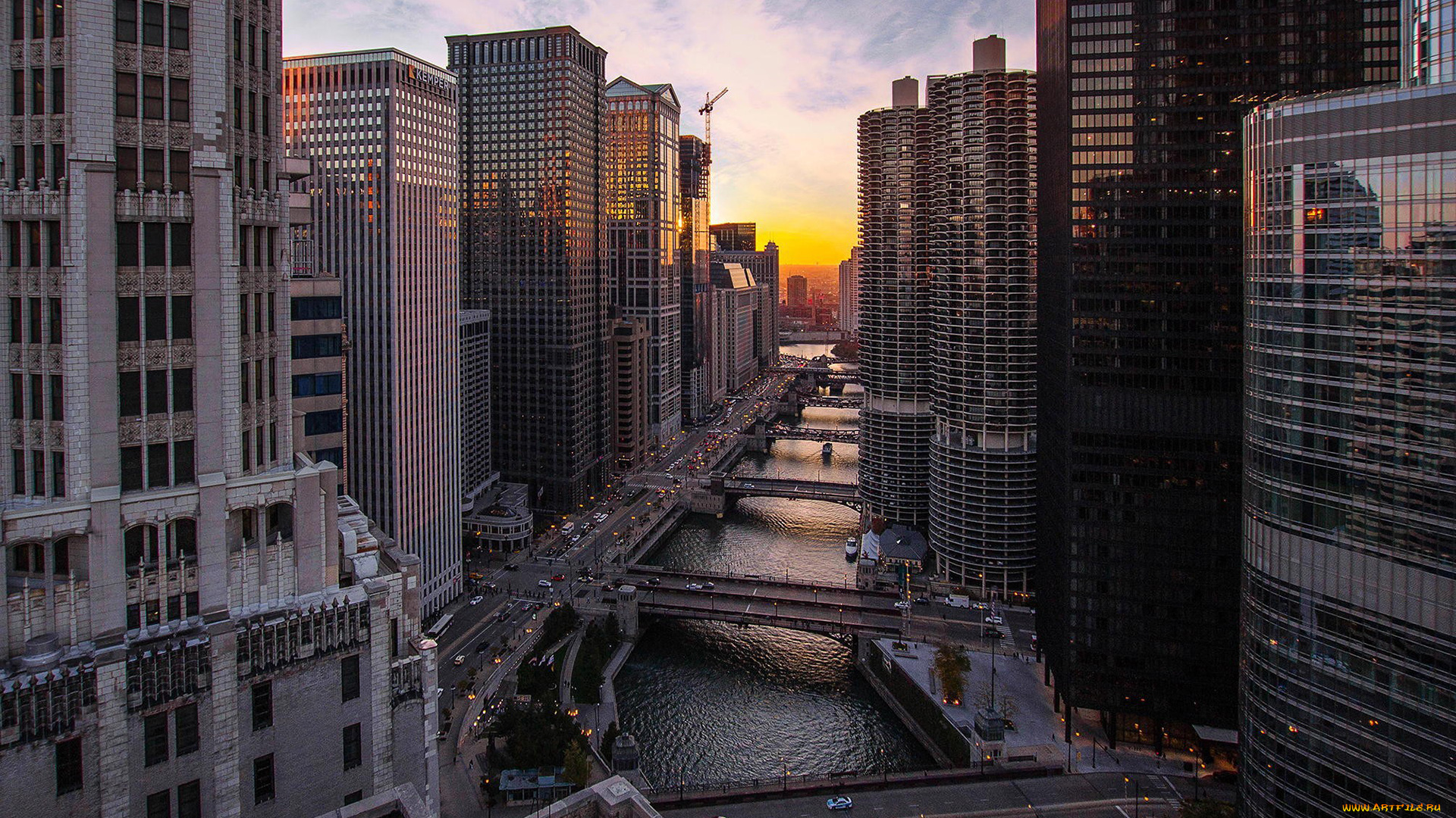 города, Чикаго, , сша, канал, дома