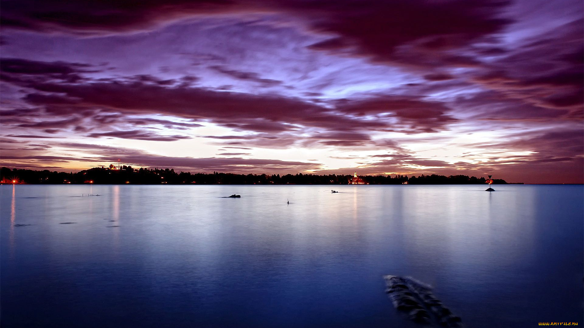 природа, реки, озера, огни, тучи, вечер, озеро