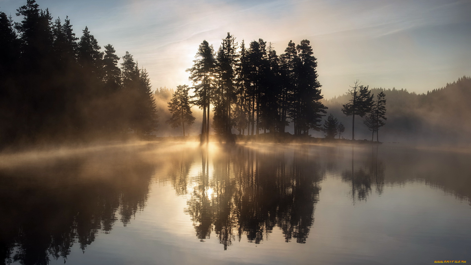 природа, реки, озера, озеро, туман, утро