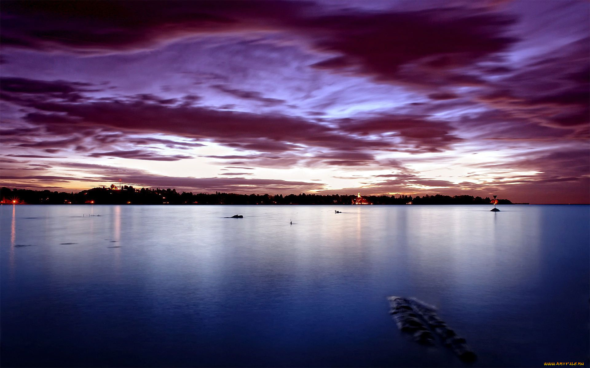 природа, реки, озера, огни, тучи, вечер, озеро